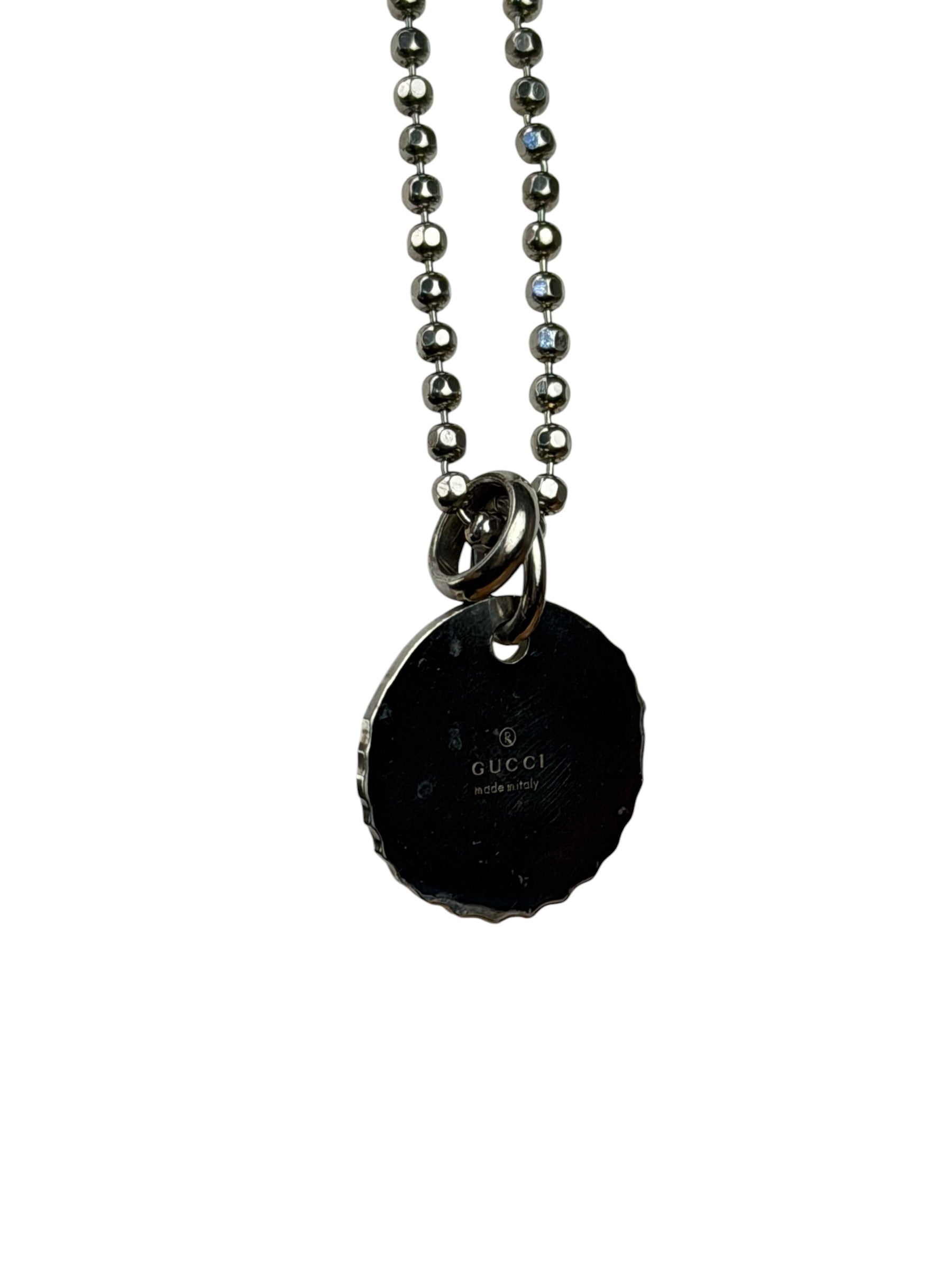 Gucci Sterling Silver Bottle-Cap-Style Enamel Logo Pendant Necklace