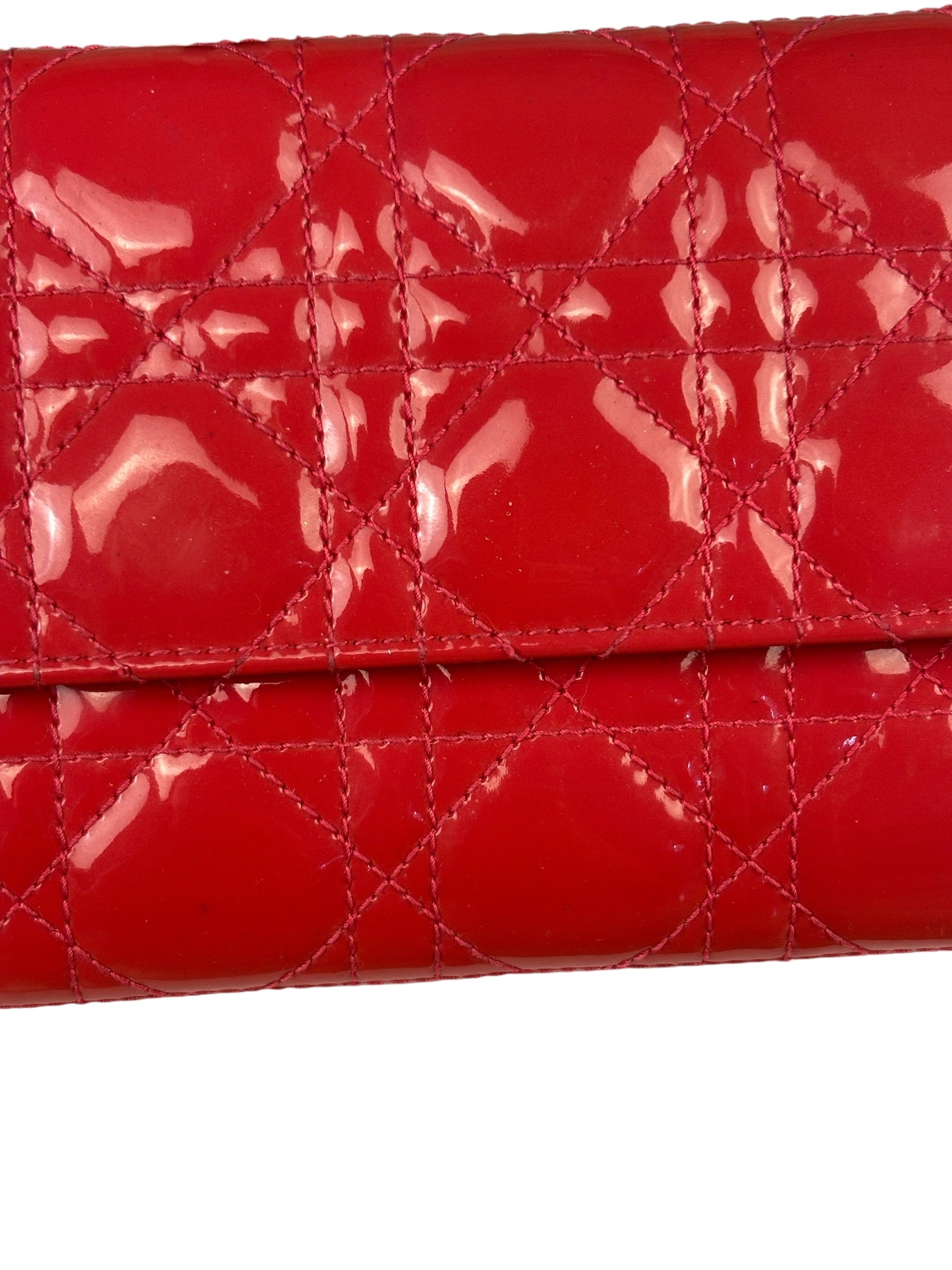 Christian Dior Cannage Red Patent Leather Wallet On Chain
