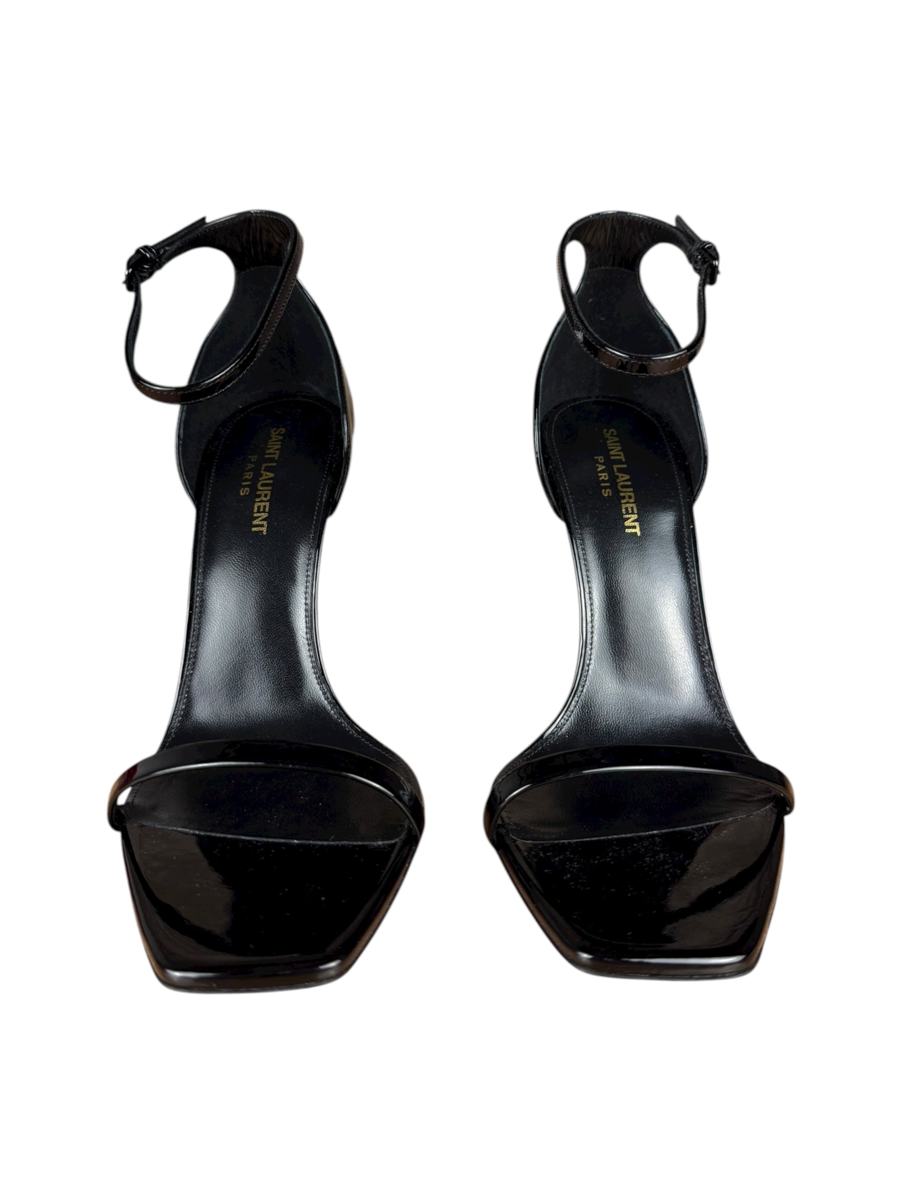 Saint Laurent Glossy Black Gold Logo Heels