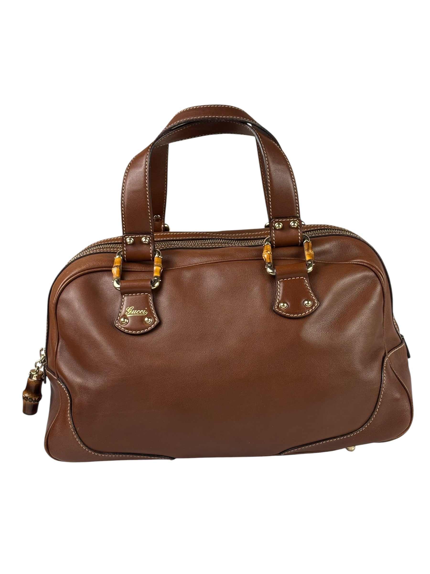 Gucci Tan Brown Leather Bamboo Handle Boston Bag