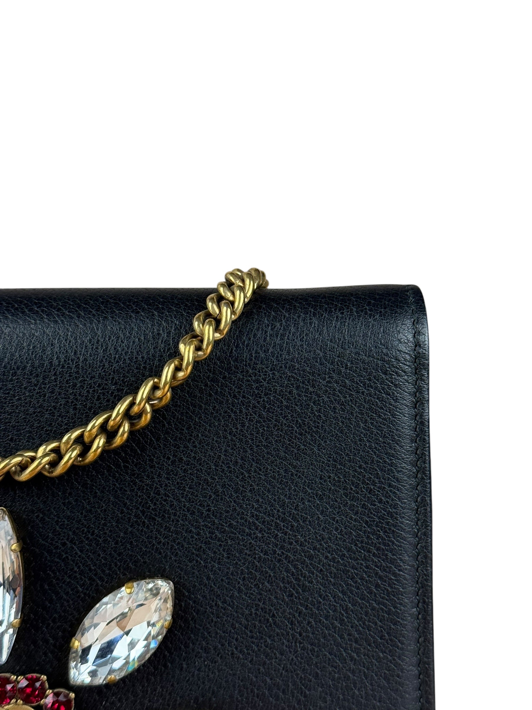 Gucci GG Crystal Embellished Black Leather Wallet on Chain Bag