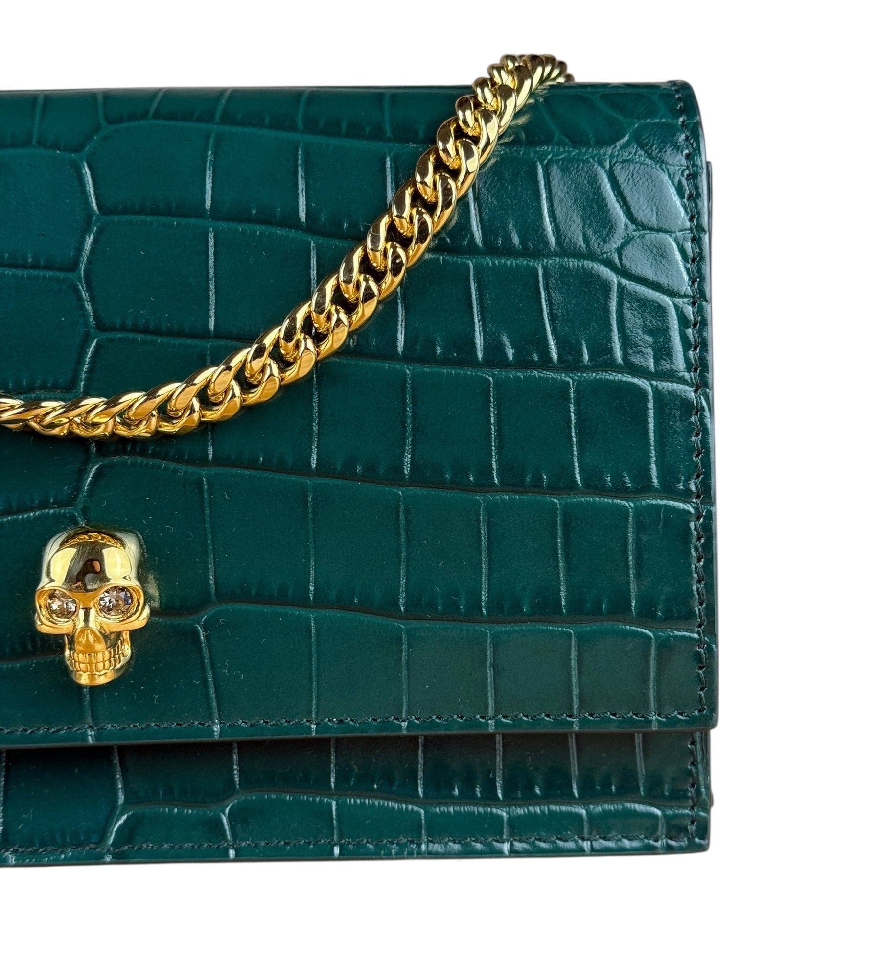 Alexander McQueen Green Croc Embossed Skull Bag