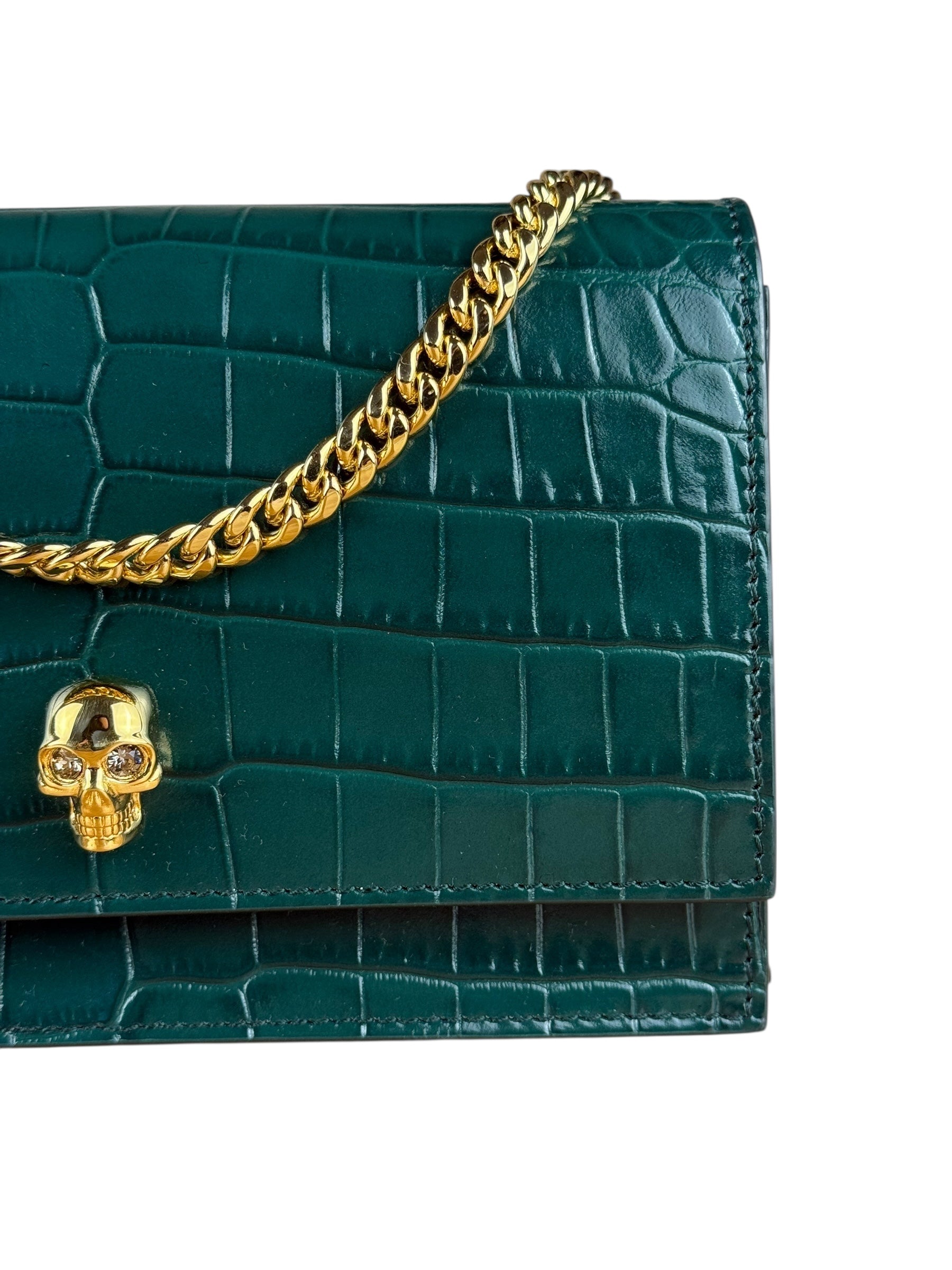 Alexander McQueen Green Croc Embossed Skull Bag