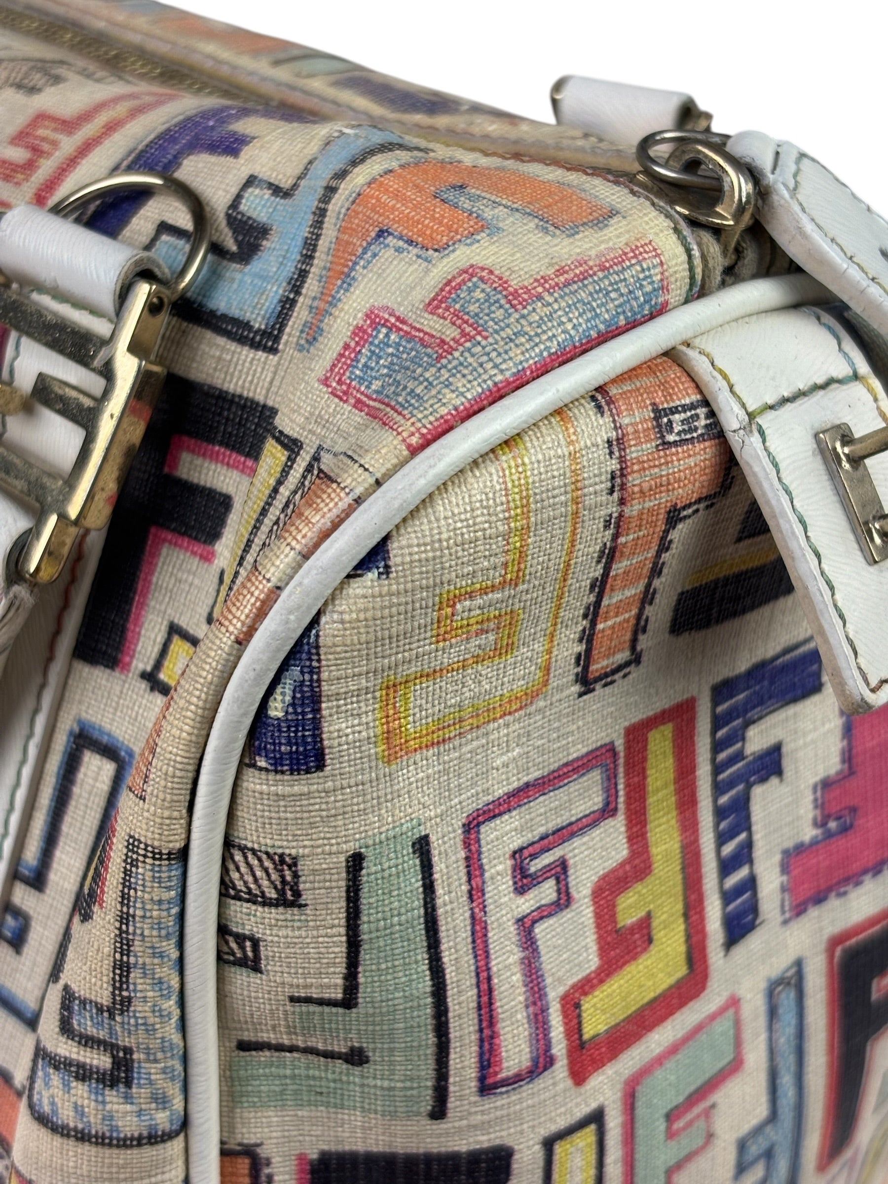 Fendi Beige Leather Multicolor Zucca Forever Boston Bag