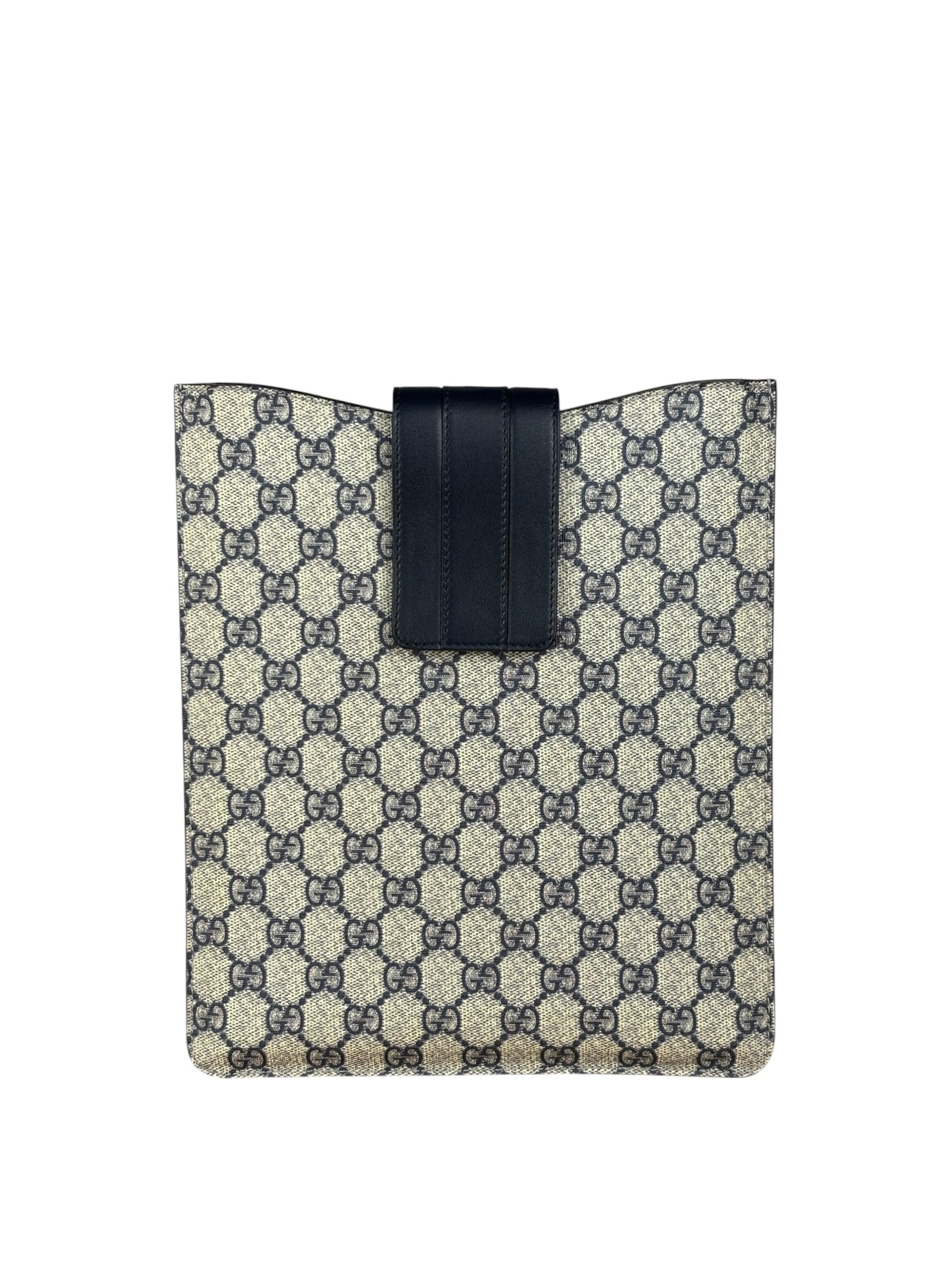 Gucci Navy Blue Leather Trim Coated GG Supreme iPad Case