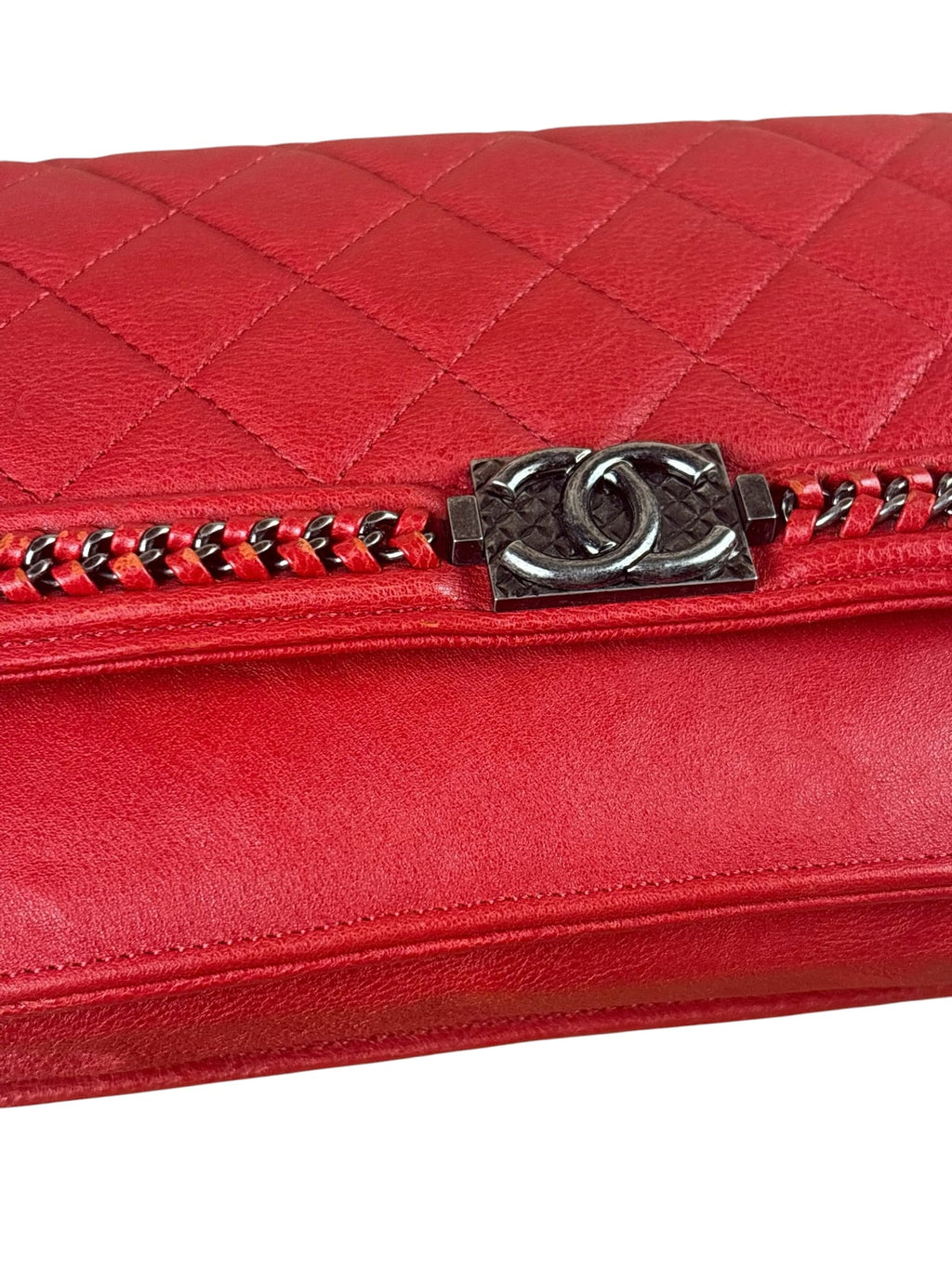 Chanel Red Quilted Lambskin Boy Flap Wallet On Chain 2012