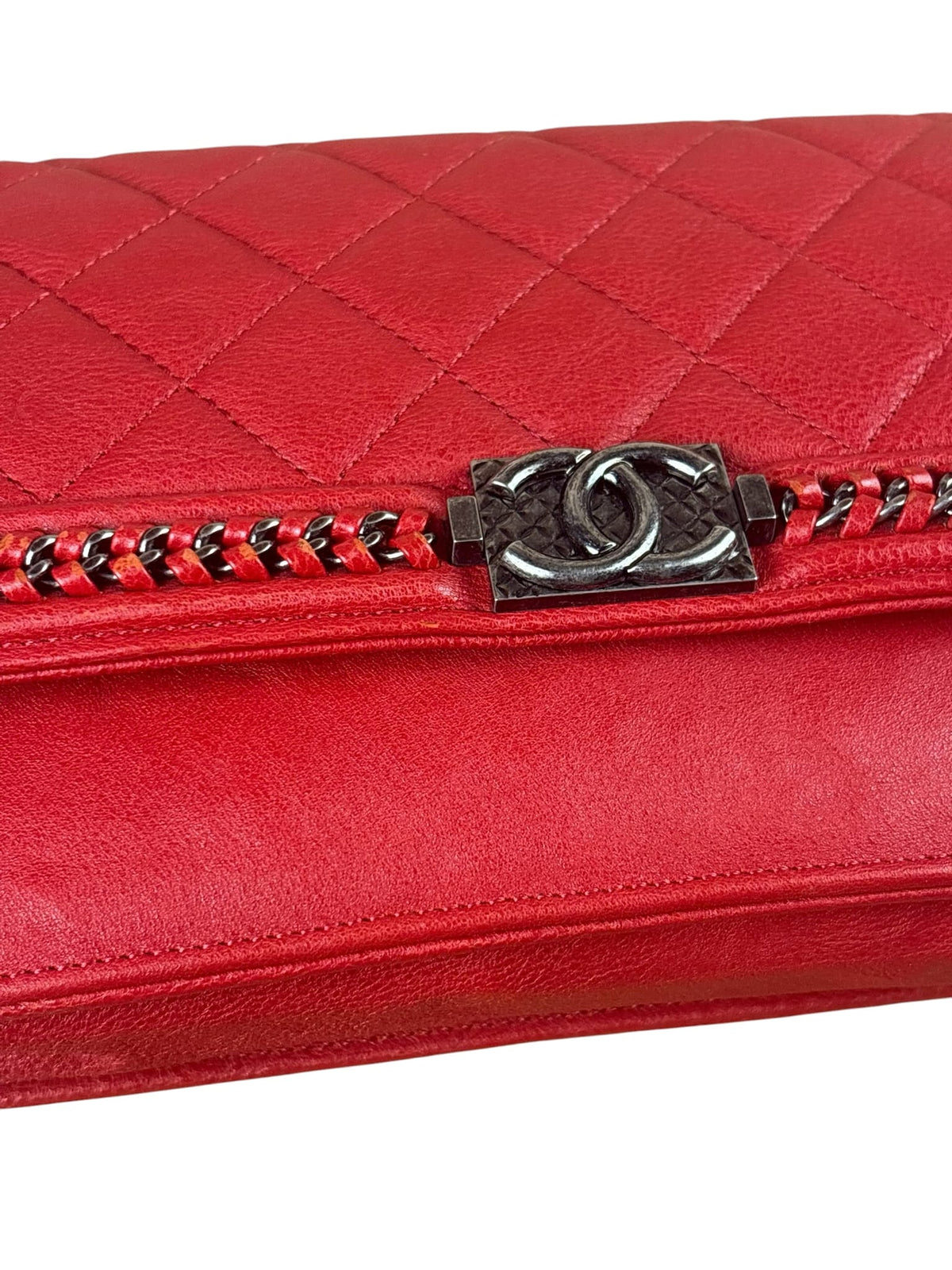 Chanel Red Quilted Lambskin Boy Flap Wallet On Chain 2012