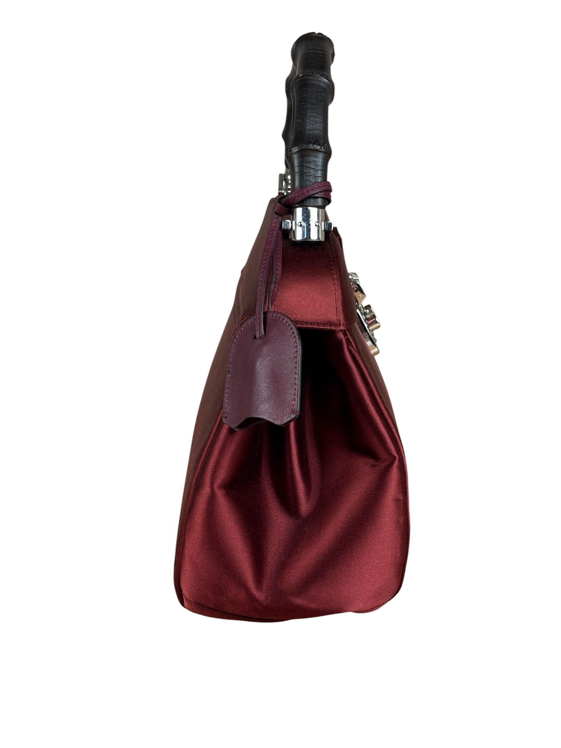 Gucci Burgundy Satin Bamboo Top Handle Bag
