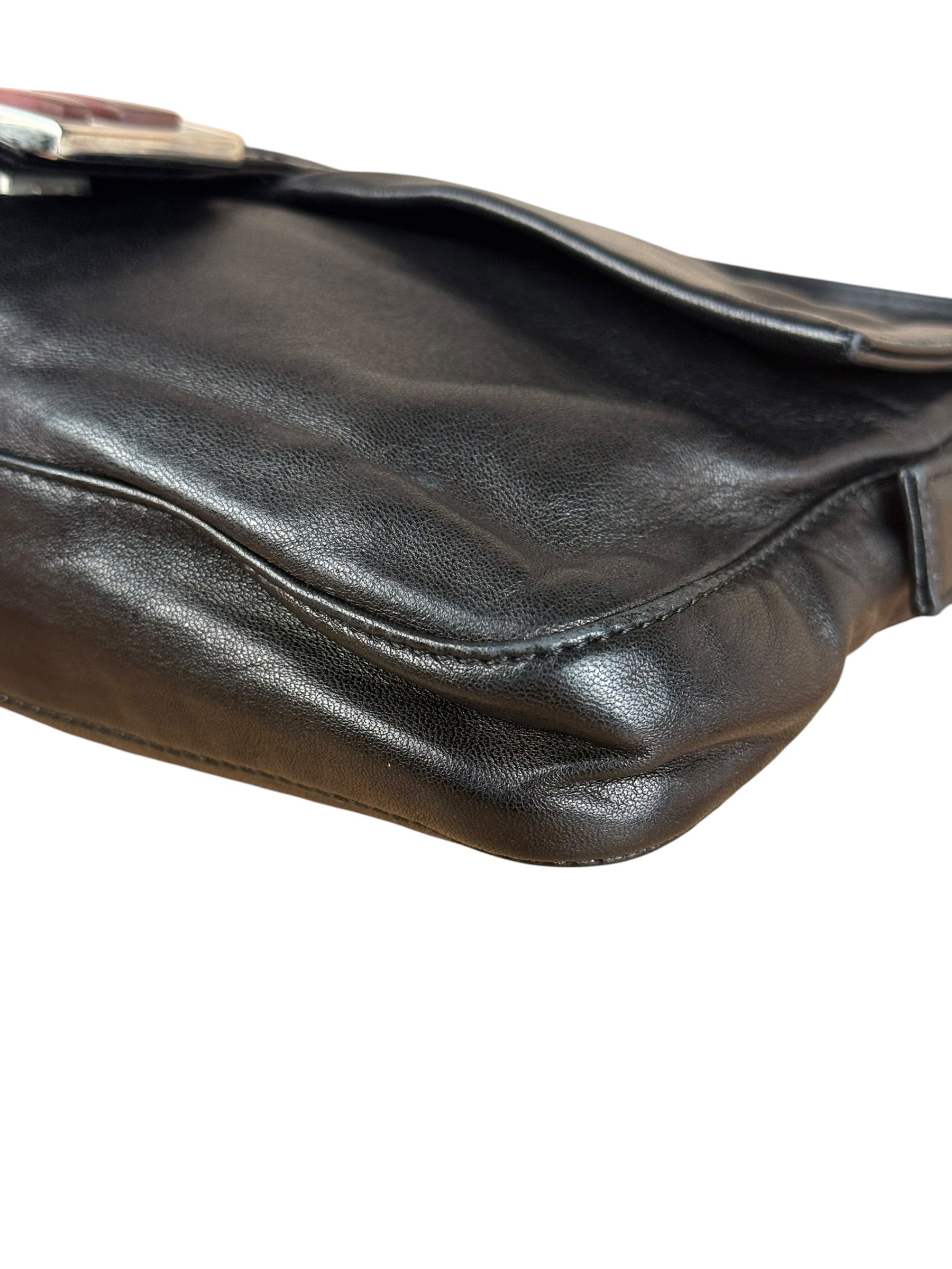 Fendi Vintage Black Leather Marble Buckle Baguette