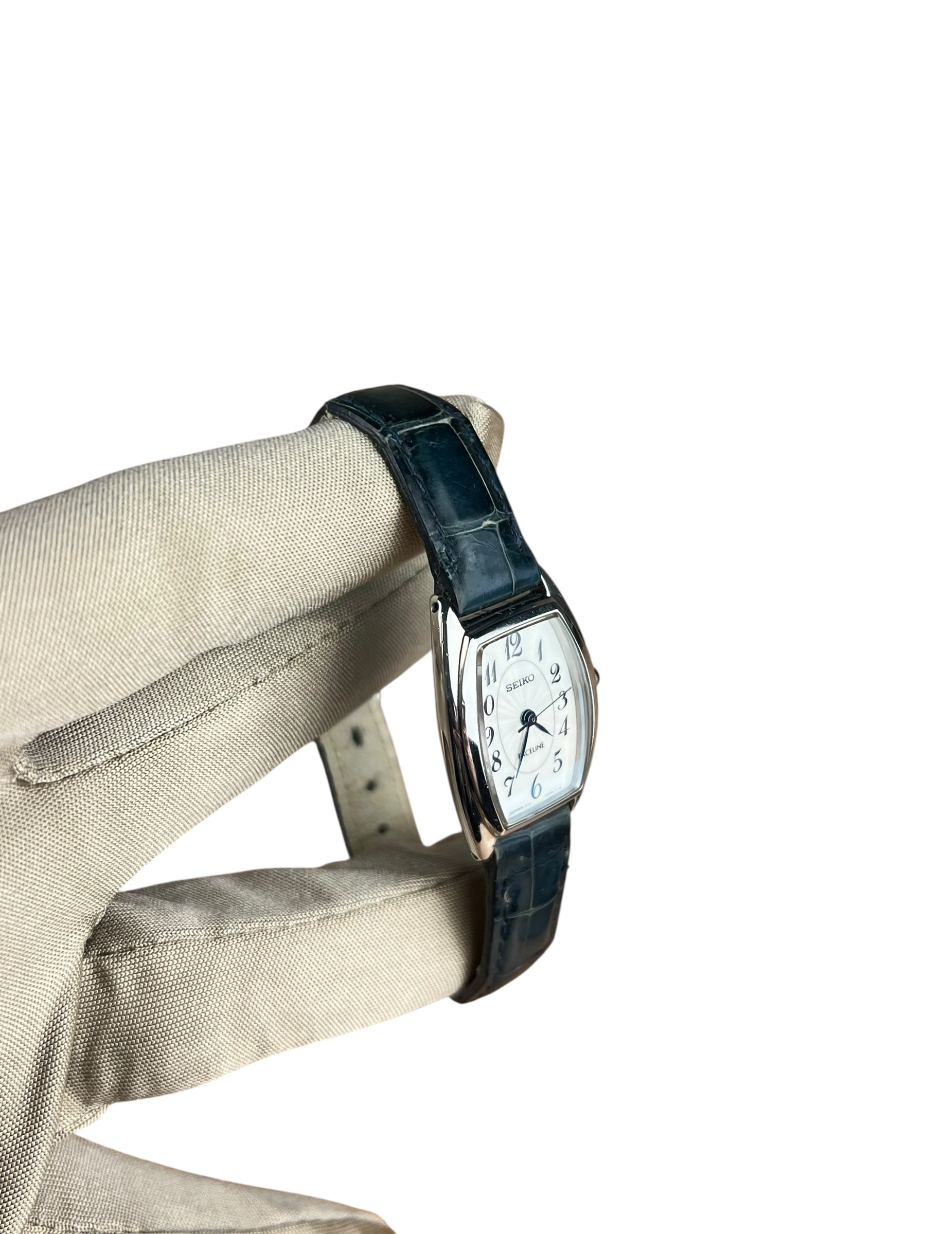 Seiko Quartz Rounded Rectangular Dial Navy Croc Strap