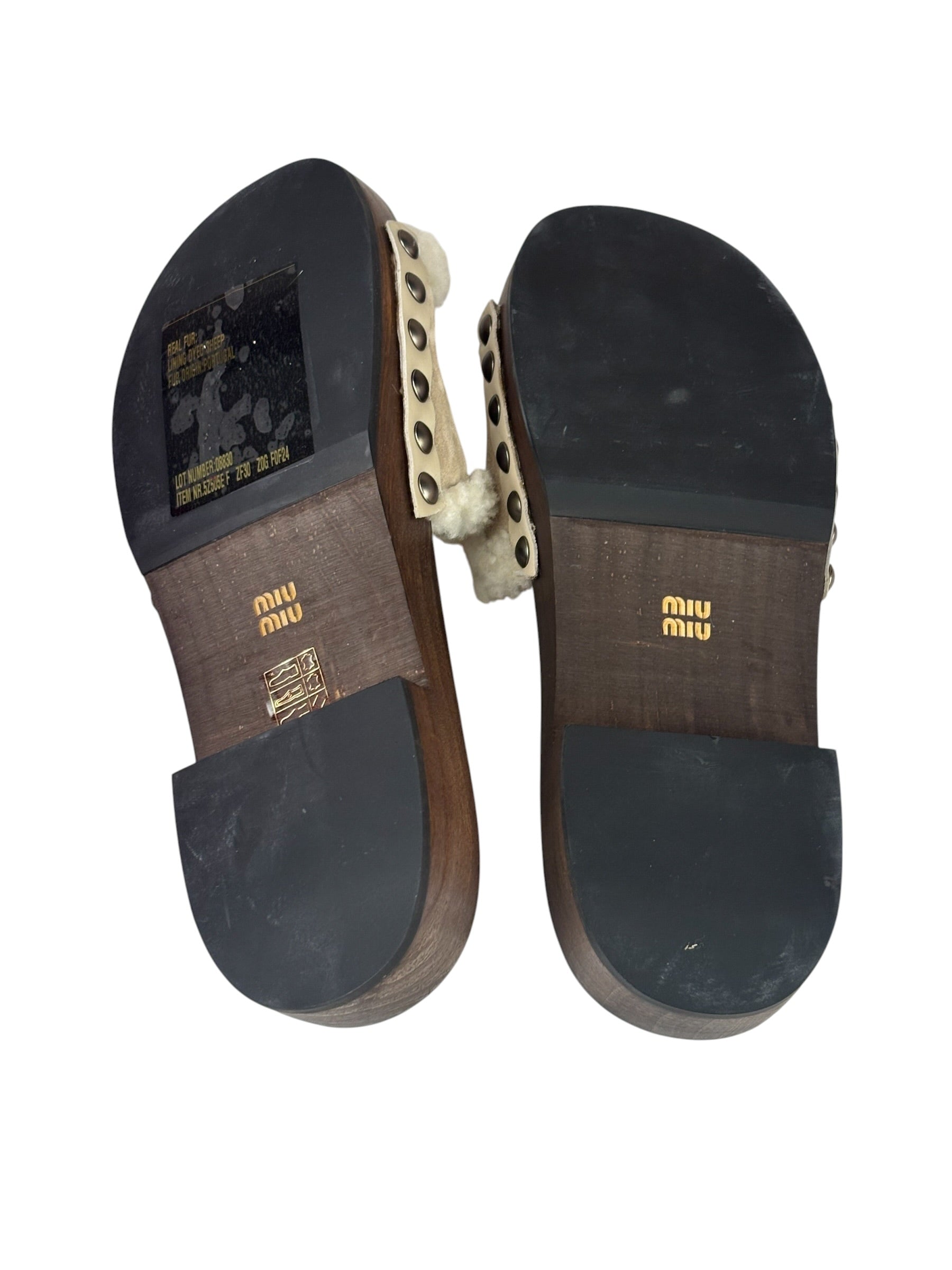 Miu Miu Suede Lining Dyed Sheep Fur Wooden Sandals