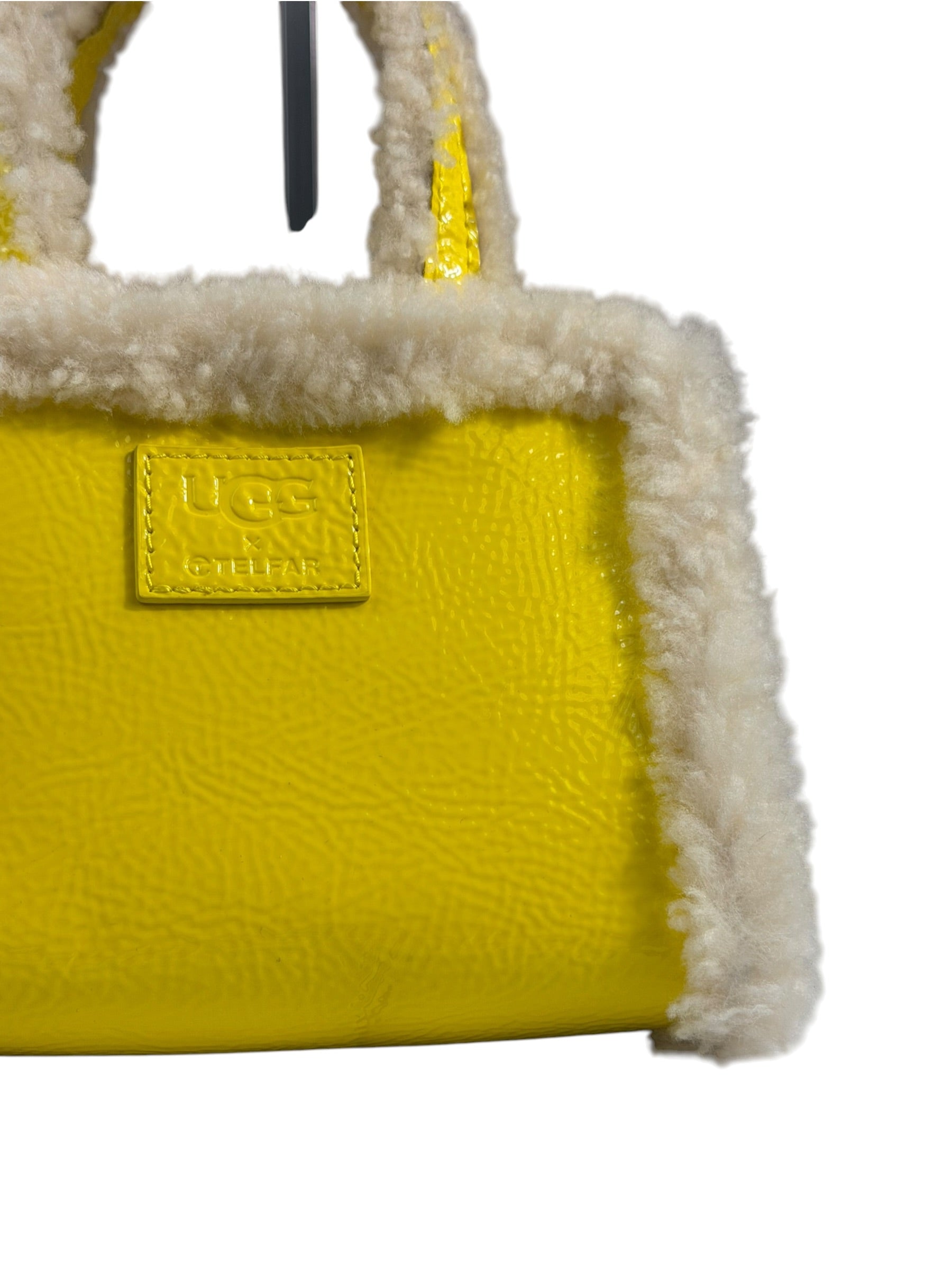 UGG x Telfar Yellow Patent Leather Fur Trim Small Shopper Crinkle In Taxi Tote