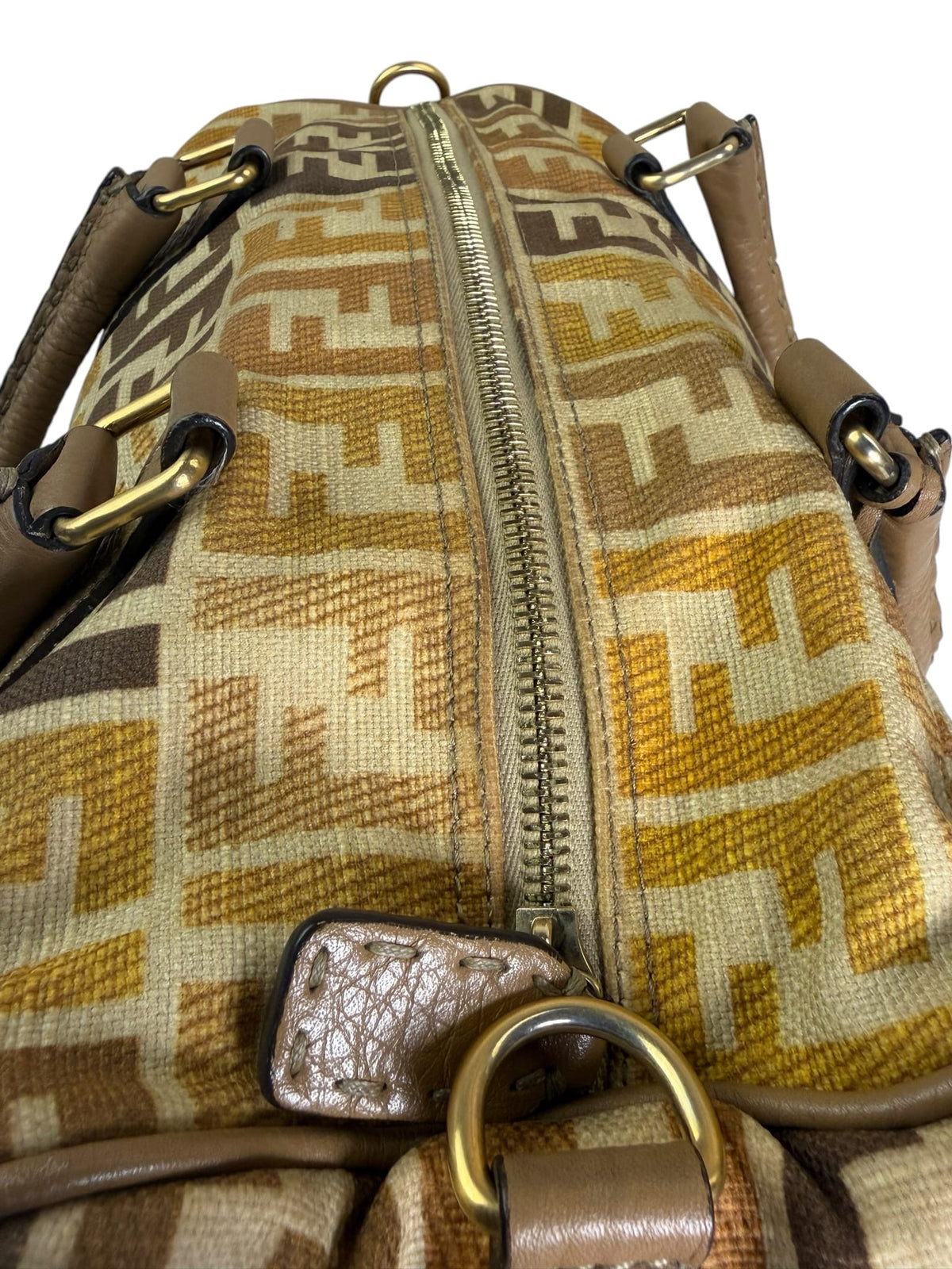 Fendi Colorblock Leather Trim Zucca Boston Bag