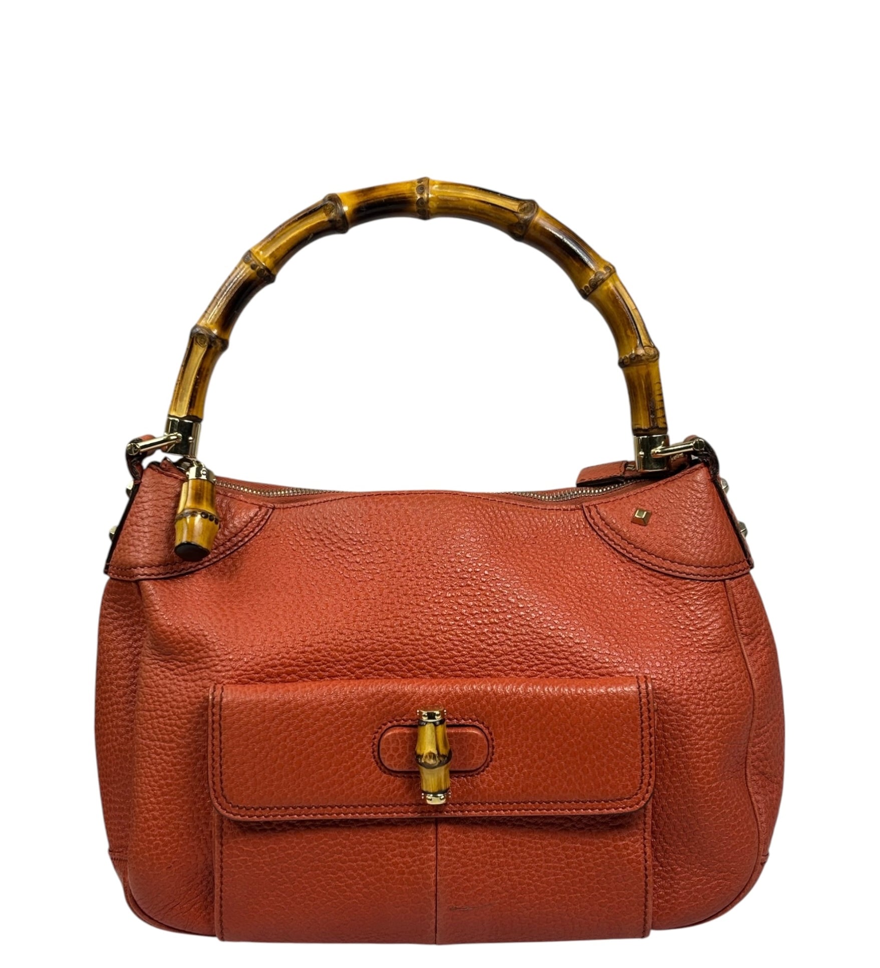 Gucci Orange Pebbled Leather Bamboo Top Handle Hobo Bag