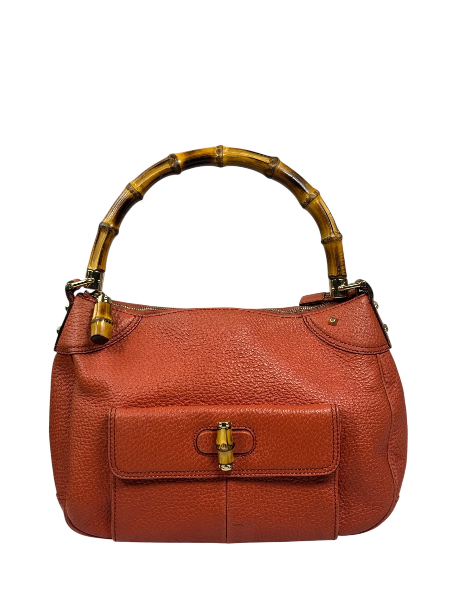 Gucci Orange Pebbled Leather Bamboo Top Handle Hobo Bag