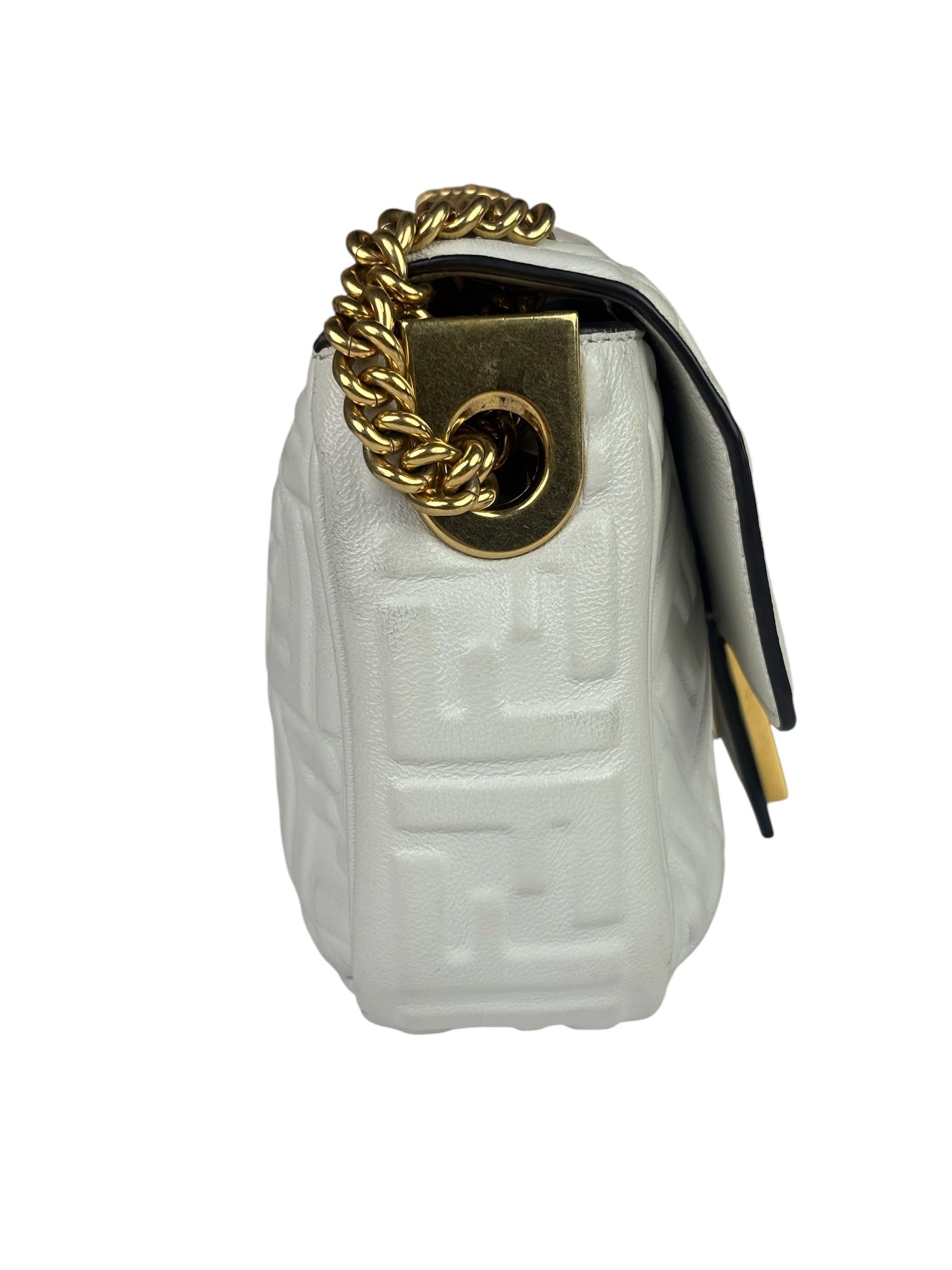 Fendi White Leather FF Flap Baguette