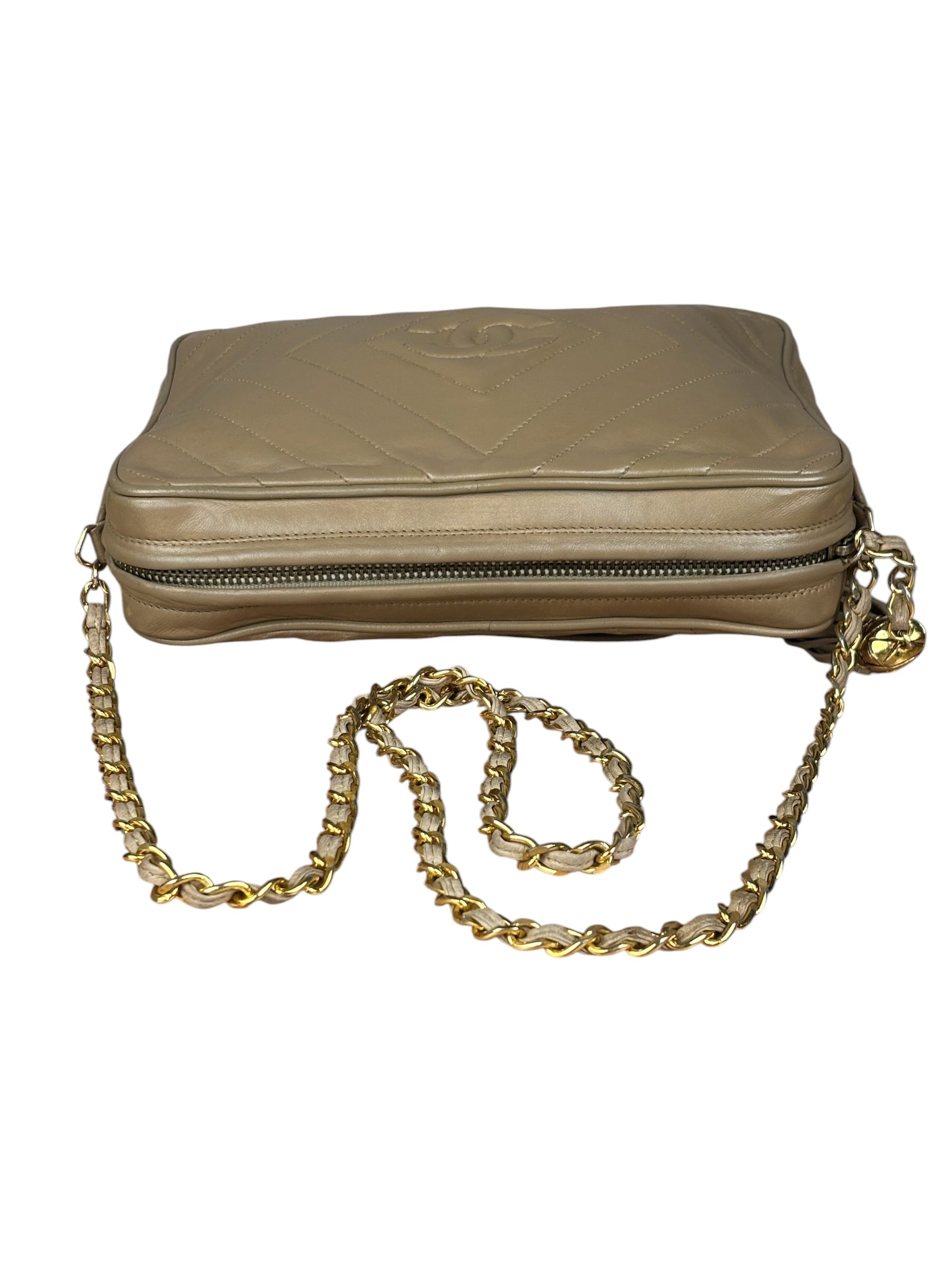 Chanel Tan Beige Chevron Leather Camera Case