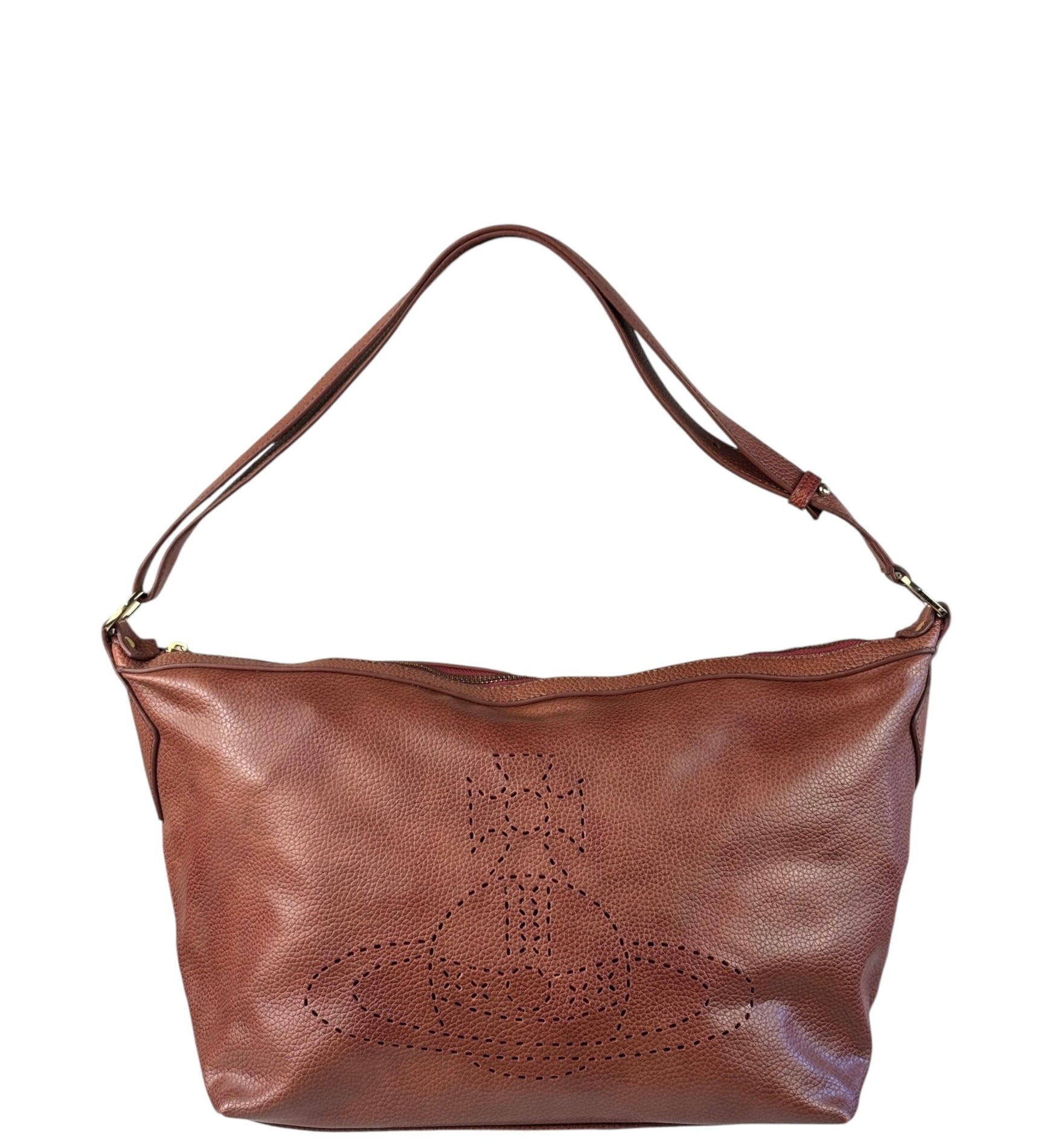 Vivienne Westwood Tan Brown Leather Perforated Orb Logo Shoulder Bag
