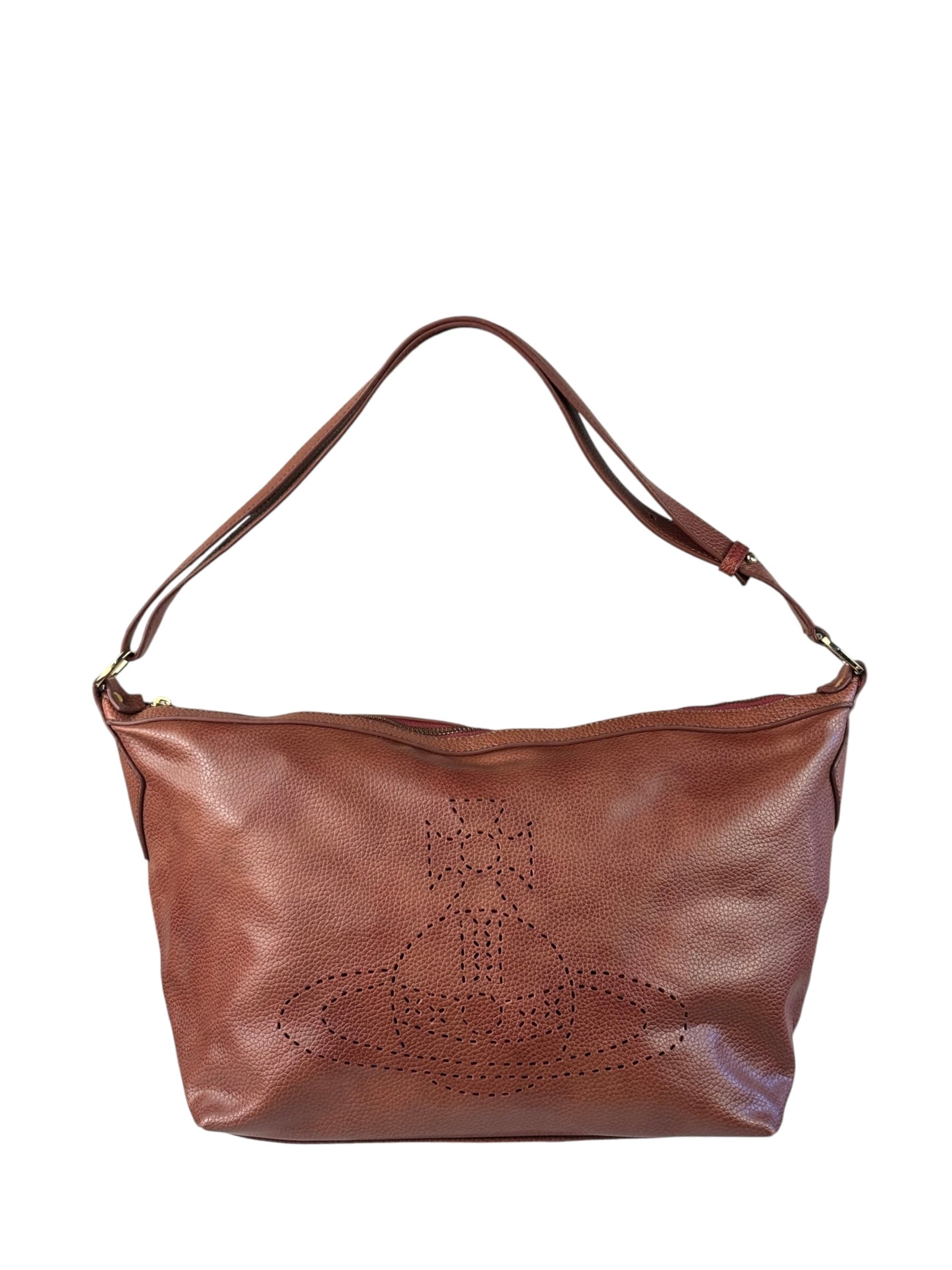 Vivienne Westwood Tan Brown Leather Perforated Orb Logo Shoulder Bag