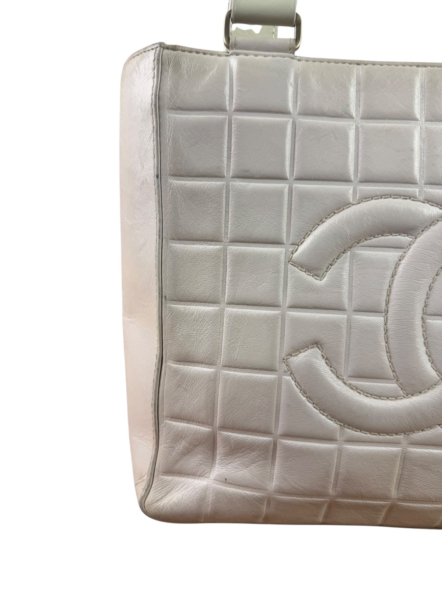 Chanel White Leather Chocolate Bar CC Tote Bag 2002