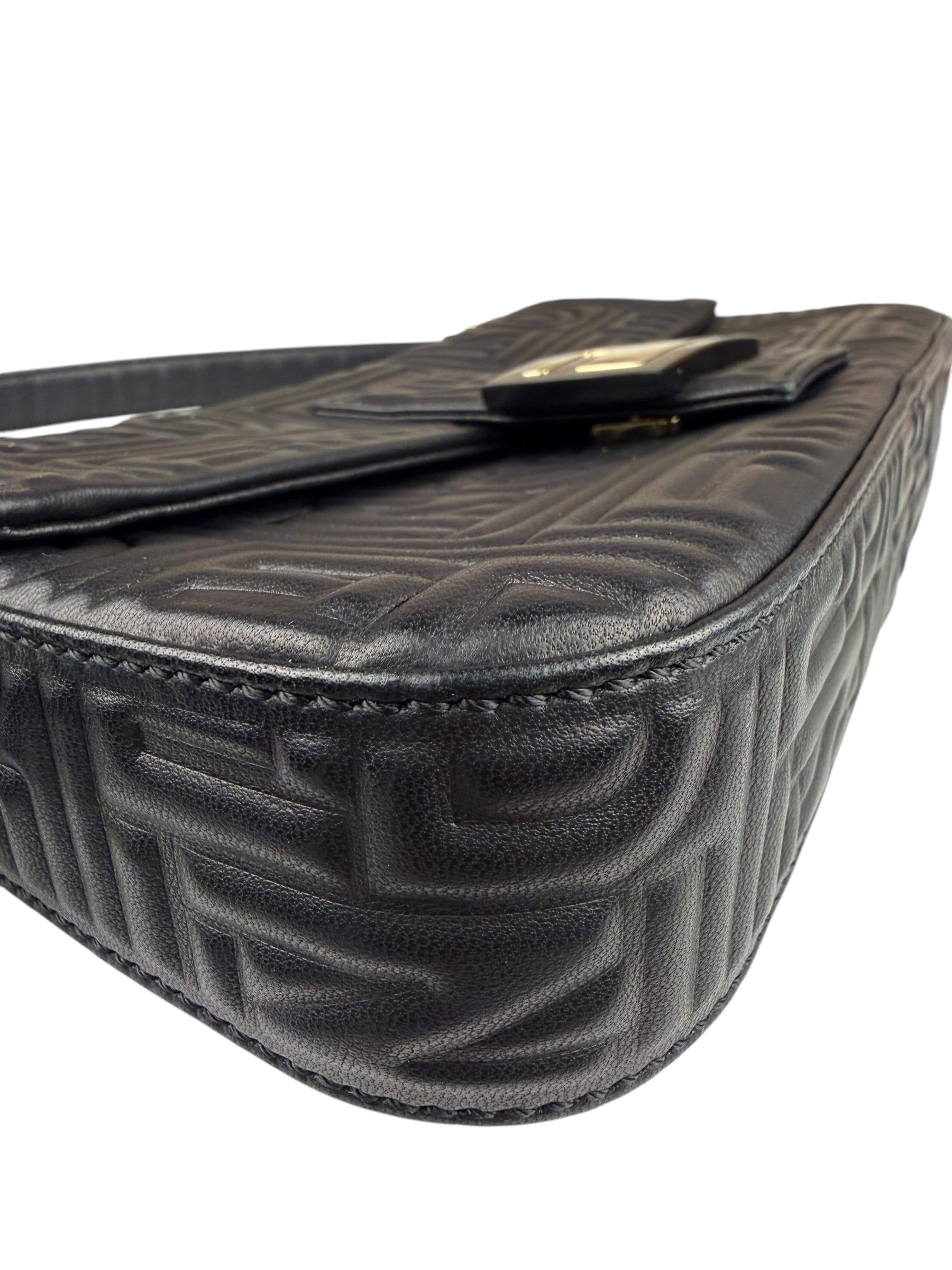 Fendi Black Leather 3D Logo Embossed Baguette