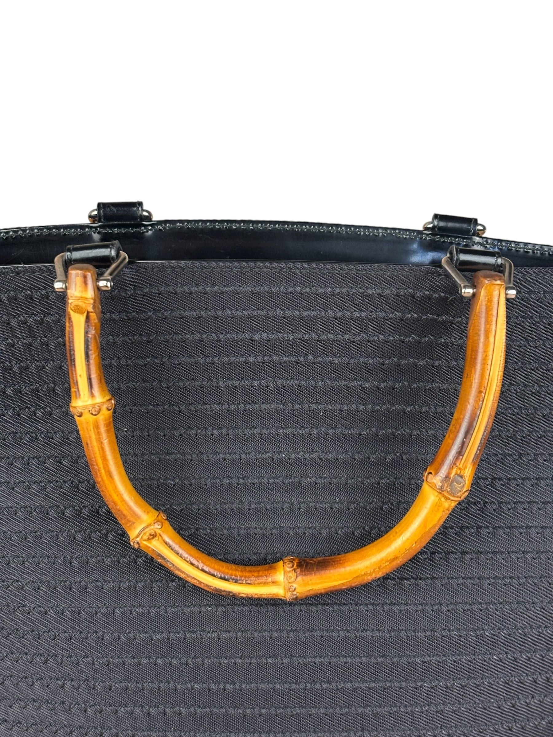 Gucci Vintage Black Ribbed Bamboo Top Handle Bag