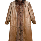 Vintage Brown Leather Fur Lined Long Coat
