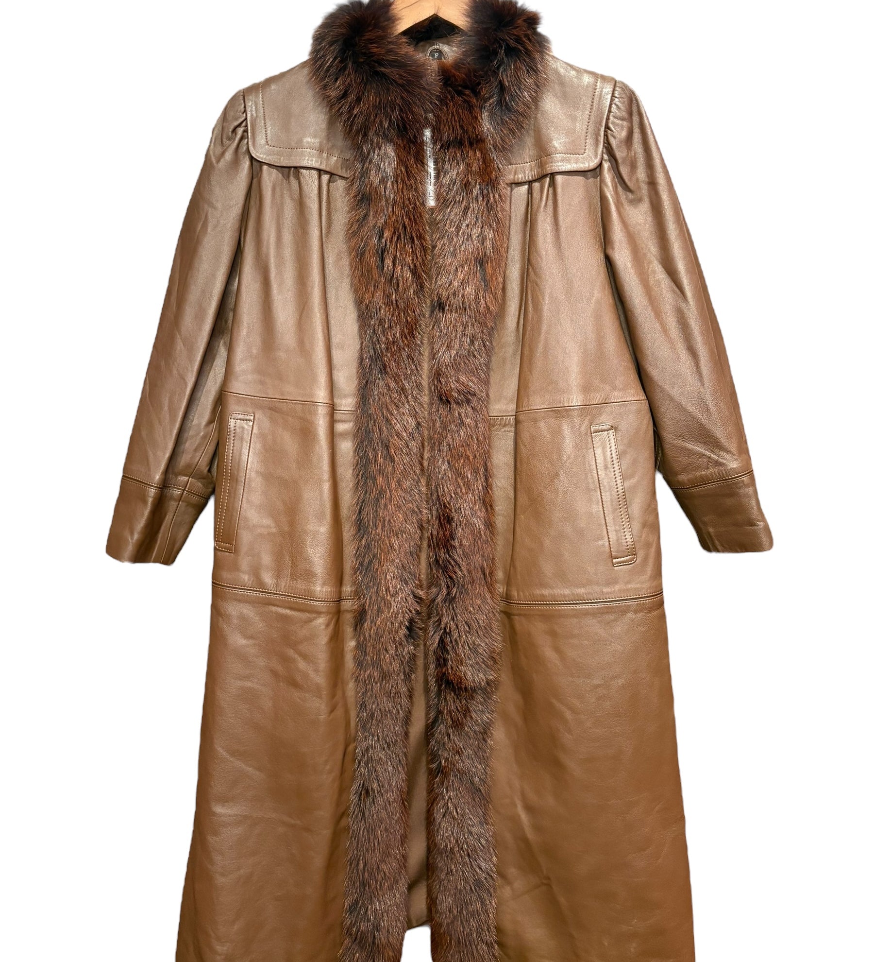 Vintage Brown Leather Fur Lined Long Coat