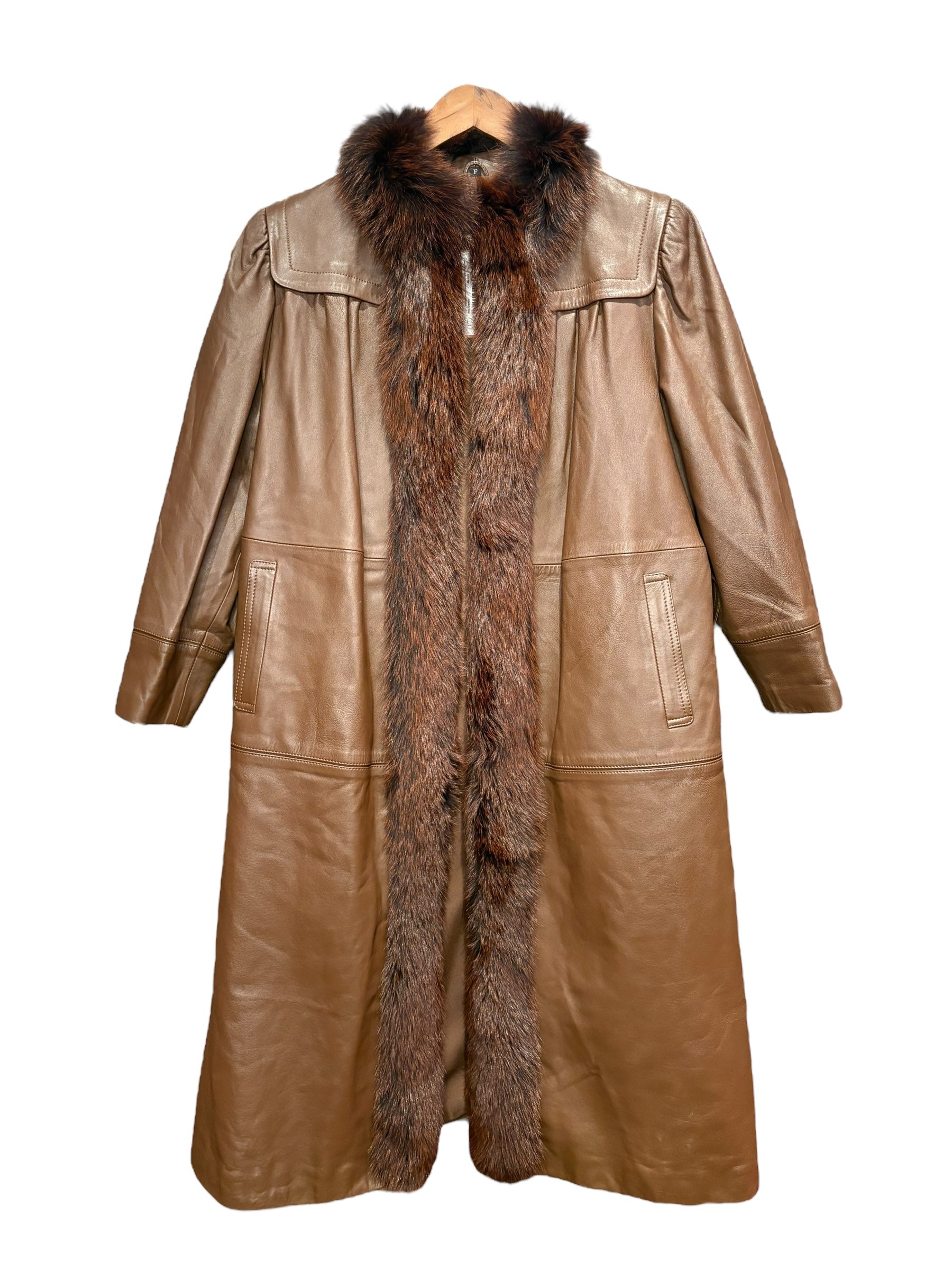 Vintage Brown Leather Fur Lined Long Coat