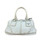 Prada Vintage White Studded Leather Shearling Bowler 2Way Bag