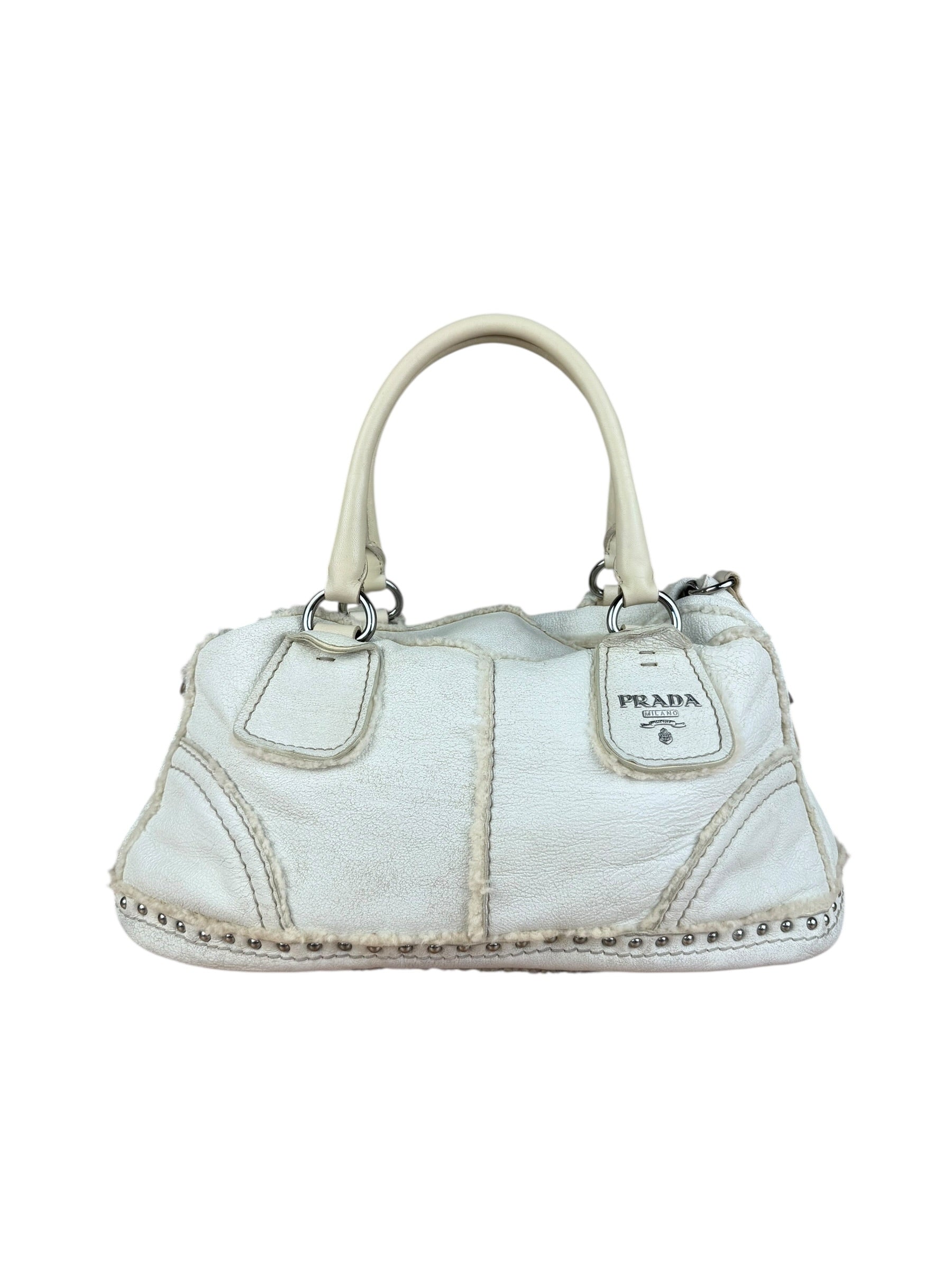 Prada Vintage White Studded Leather Shearling Bowler 2Way Bag