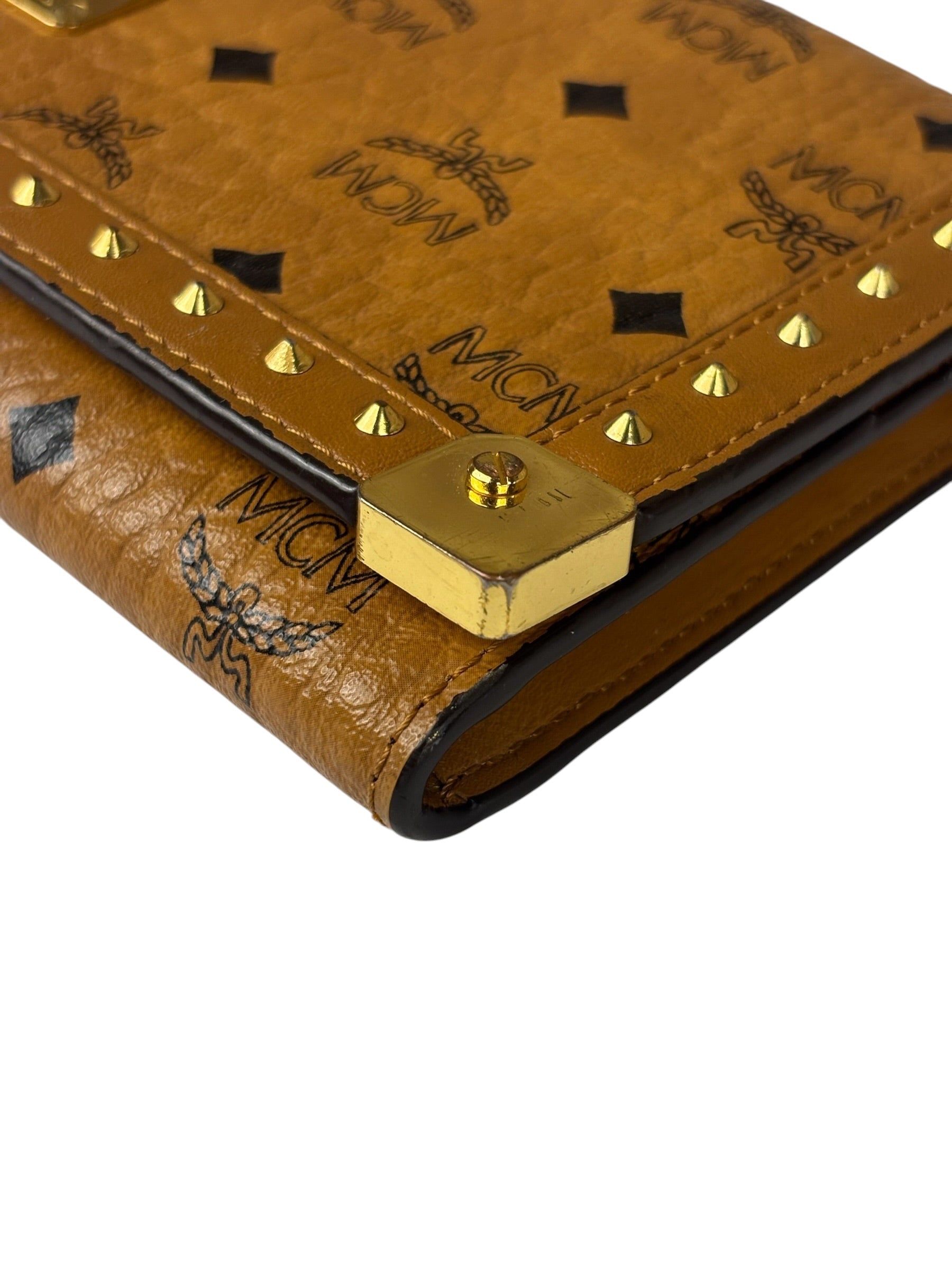 MCM Brown Leather Monogram Studded Long Wallet On Chain
