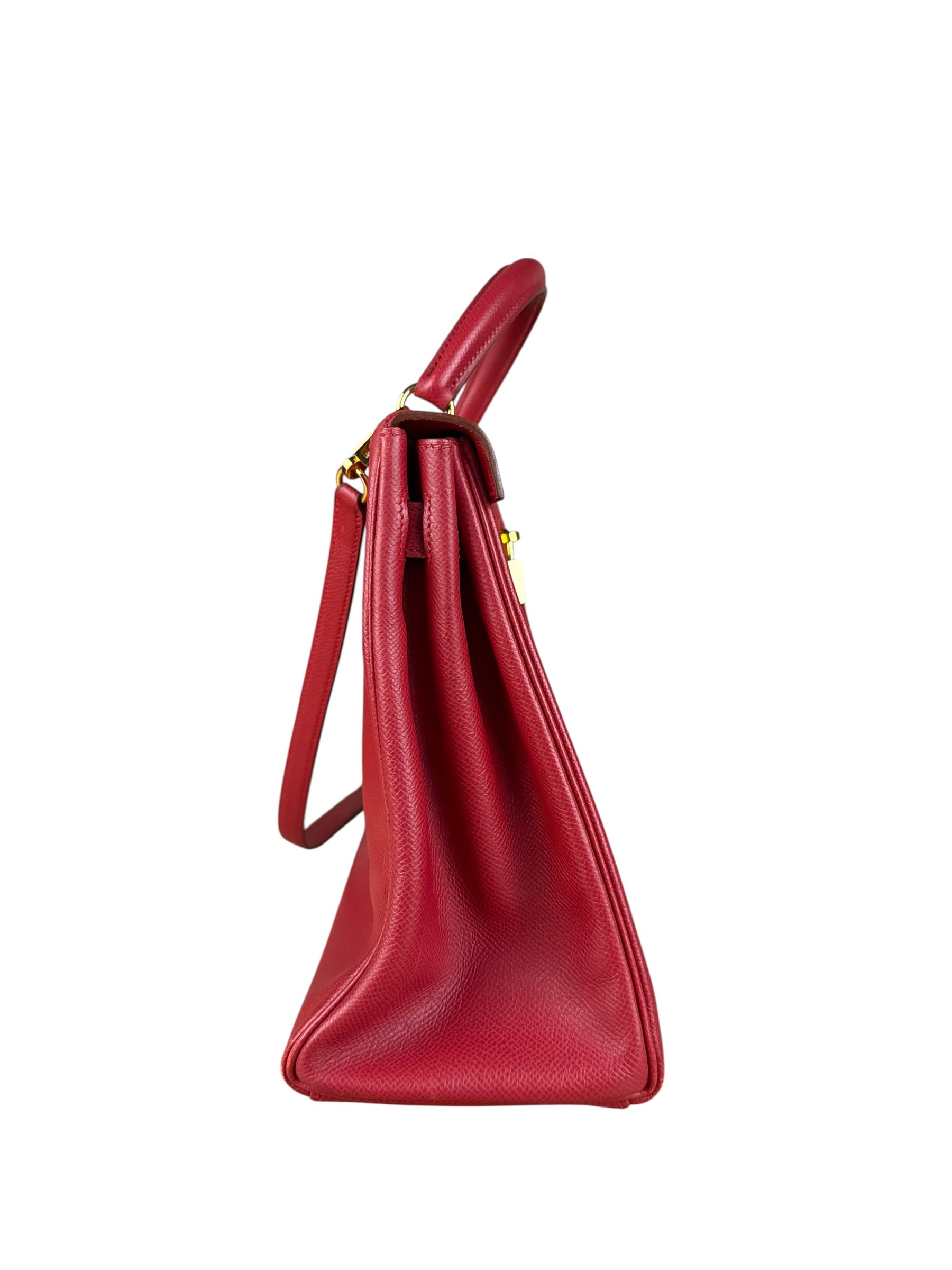 Hermes Kelly 32 Courchevel Rouge Vif Gold Handbag 1997