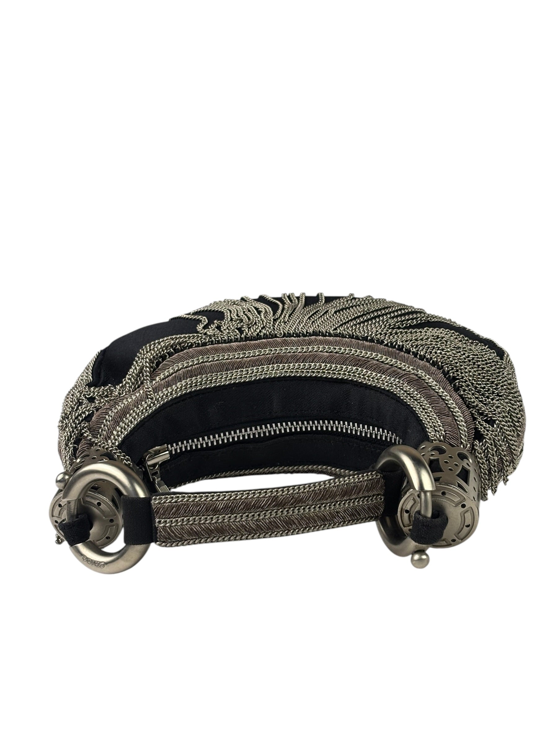Chole Black Nylon Chain-Link Crescent Mini Hobo Bag