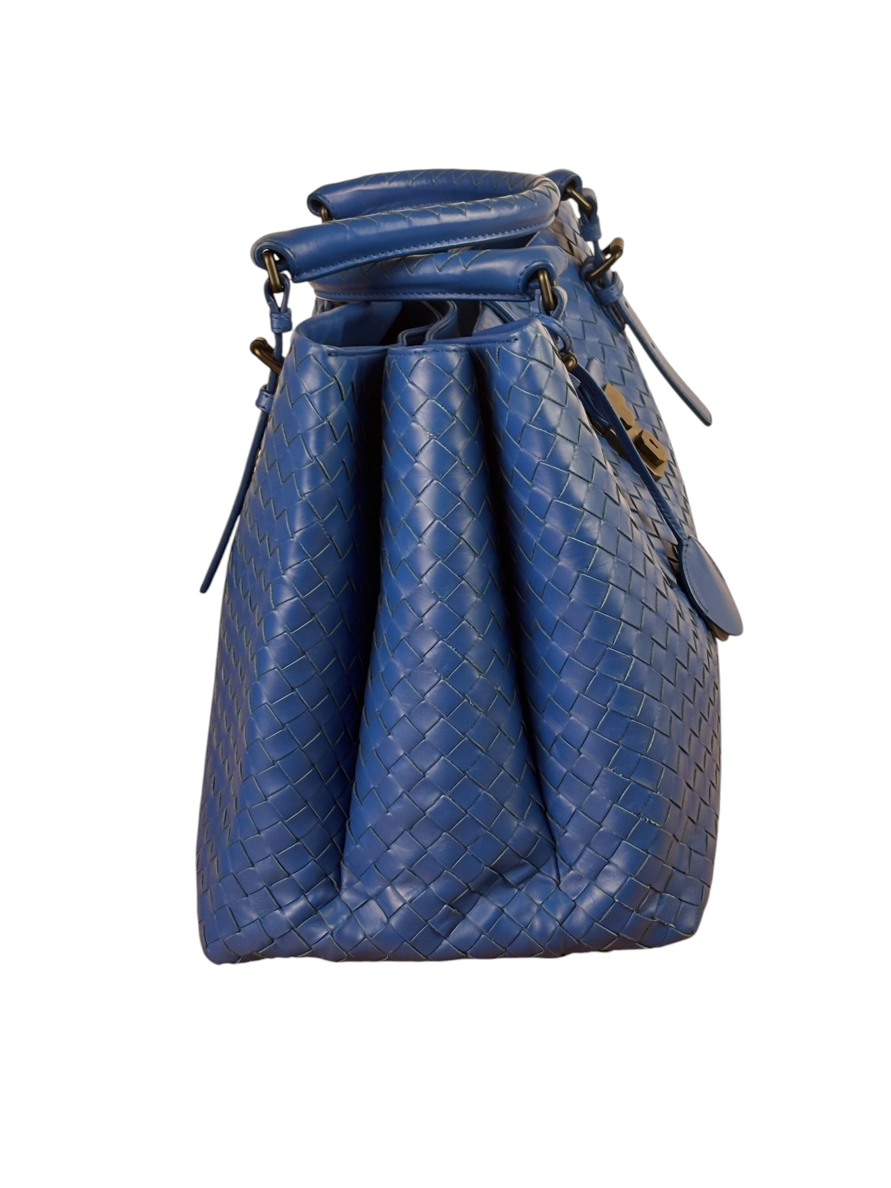 Bottega Veneta Blue Leather Small Nappa Intercciato Roma Satchel