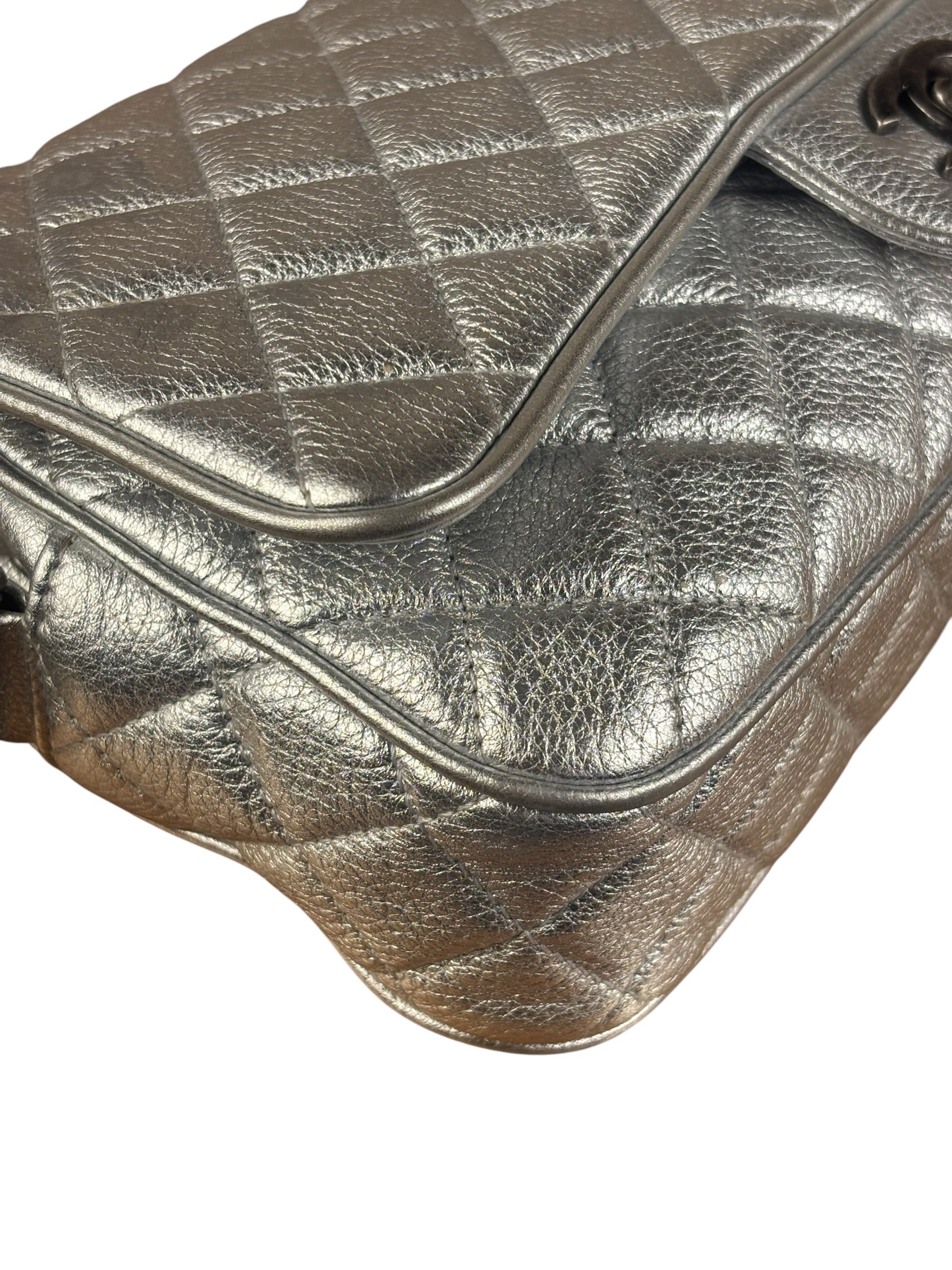 Chanel CC Silver Metallic Quilted Flap Shoulder Bag 2017