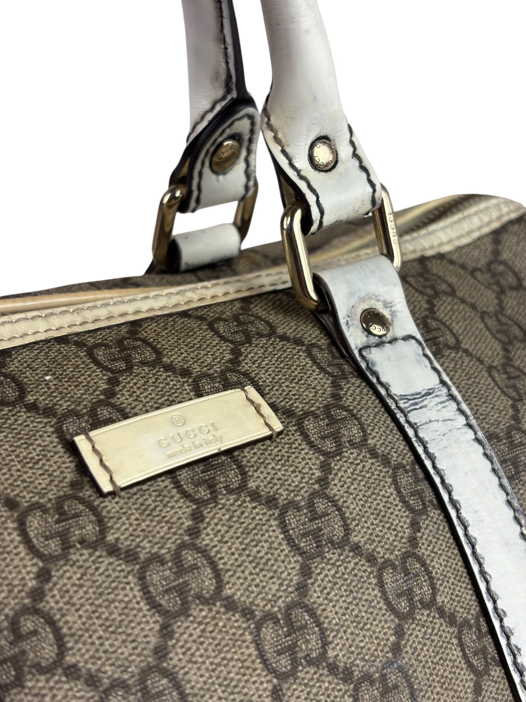 Gucci Beige/White Leather Trim GG Joy Boston Bag