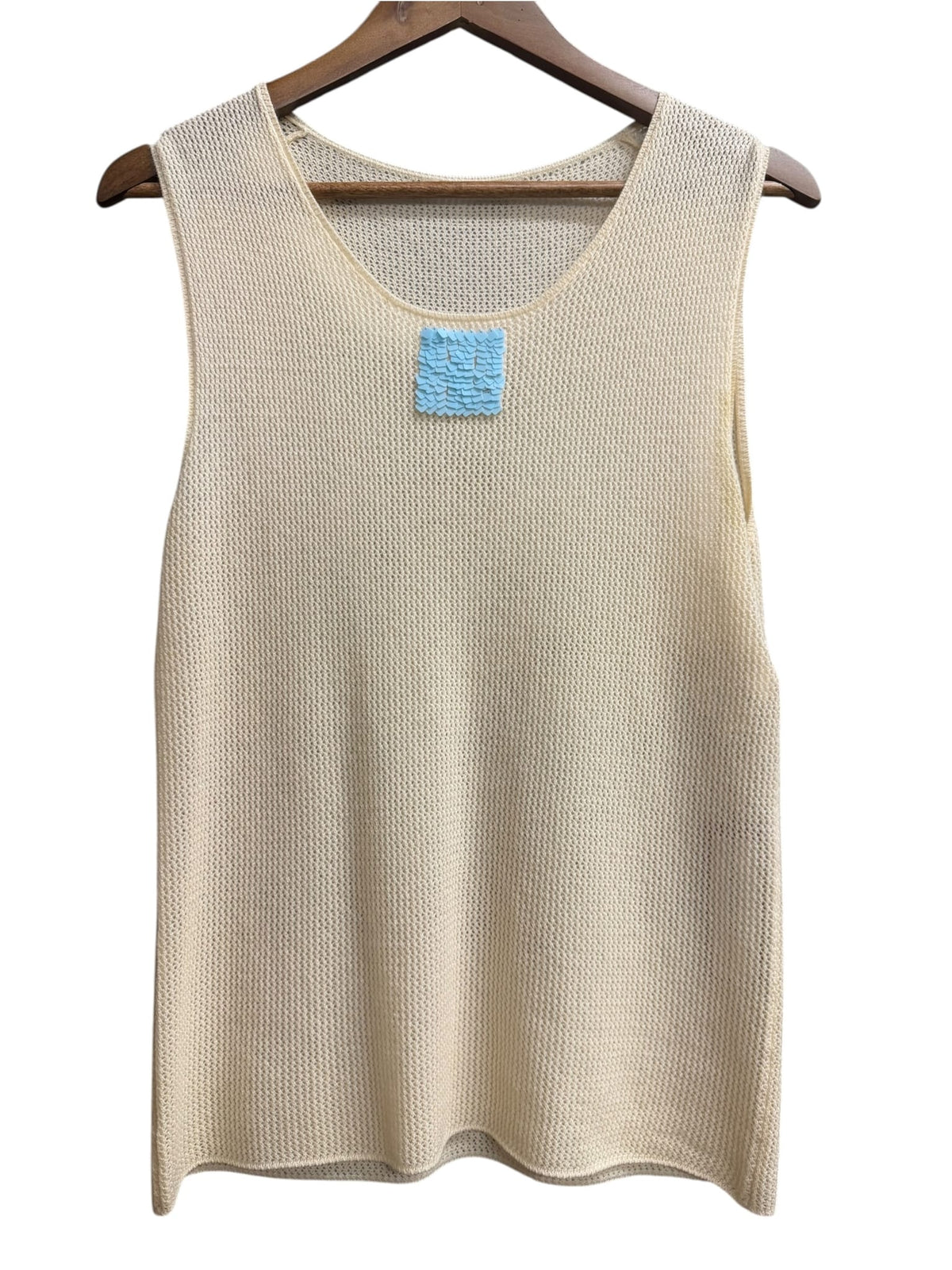 Chanel Cream Open-Knit Cashmere Blue Square Sequin Tank Top