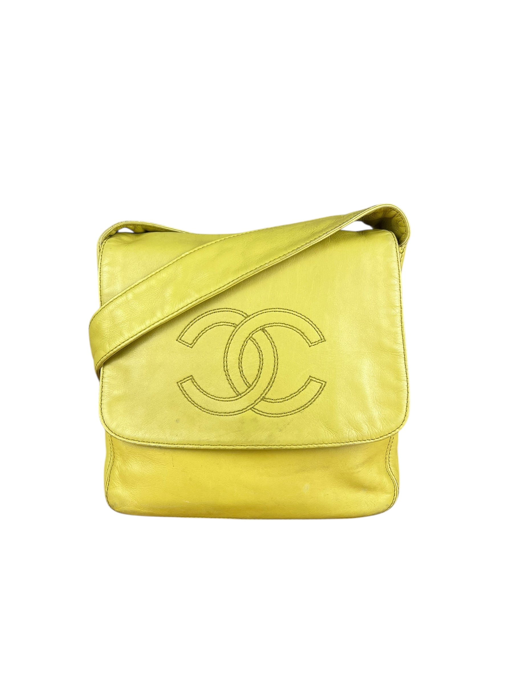 Chanel CC 1997 Chartreuse Leather Flap Shoulder Bag