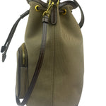 Prada Tan Beige Leather Trim Jaquard Canvas Bucket Bag