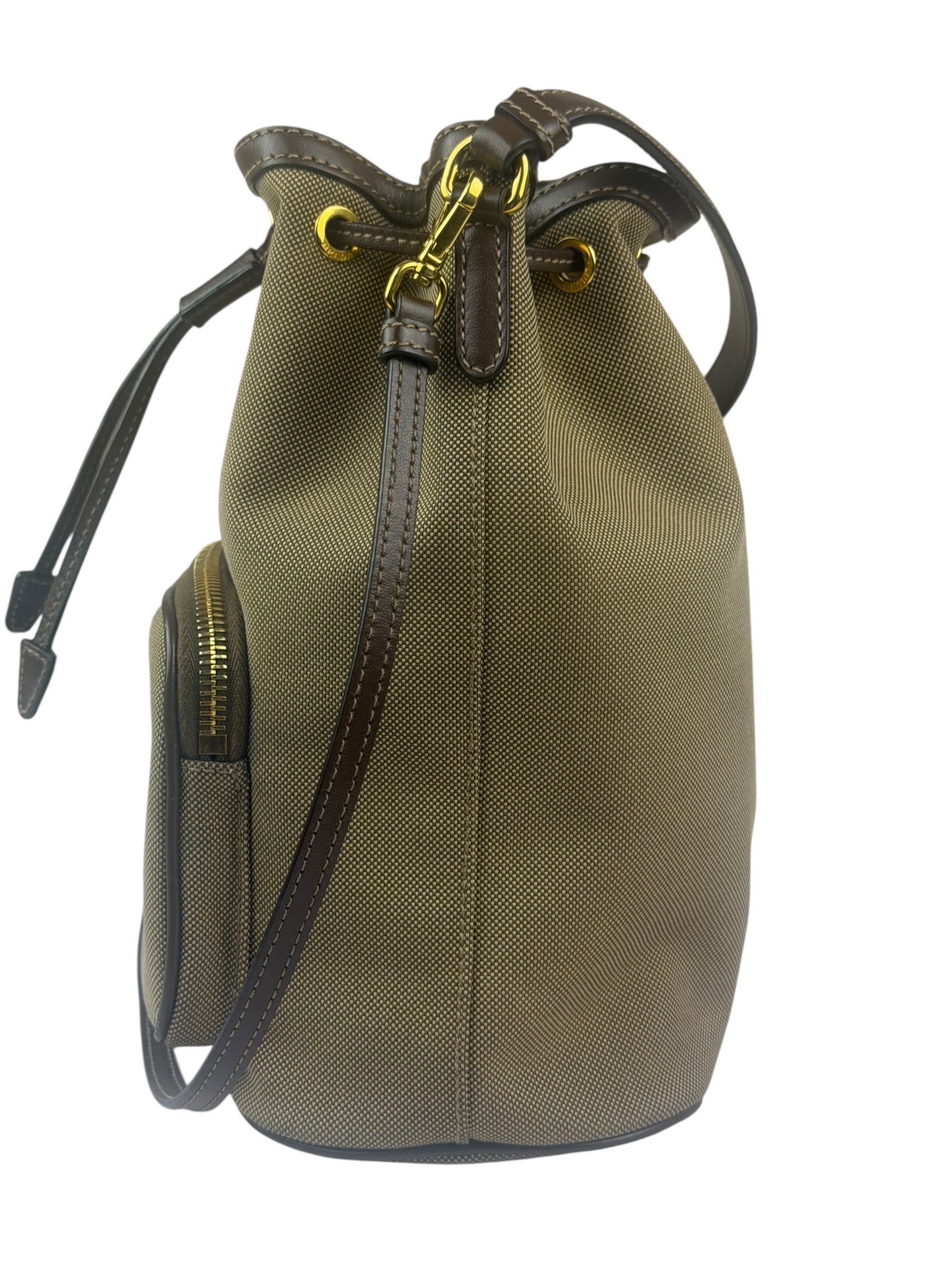 Prada Tan Beige Leather Trim Jaquard Canvas Bucket Bag