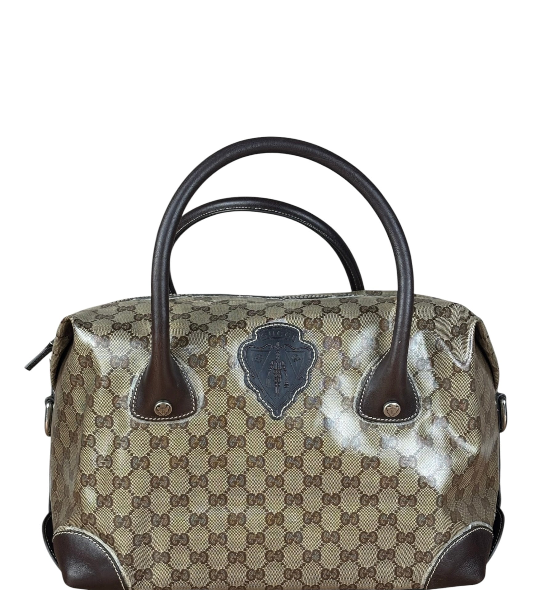 Gucci Vintage GG Coated Canvas Crystal Boston Handbag