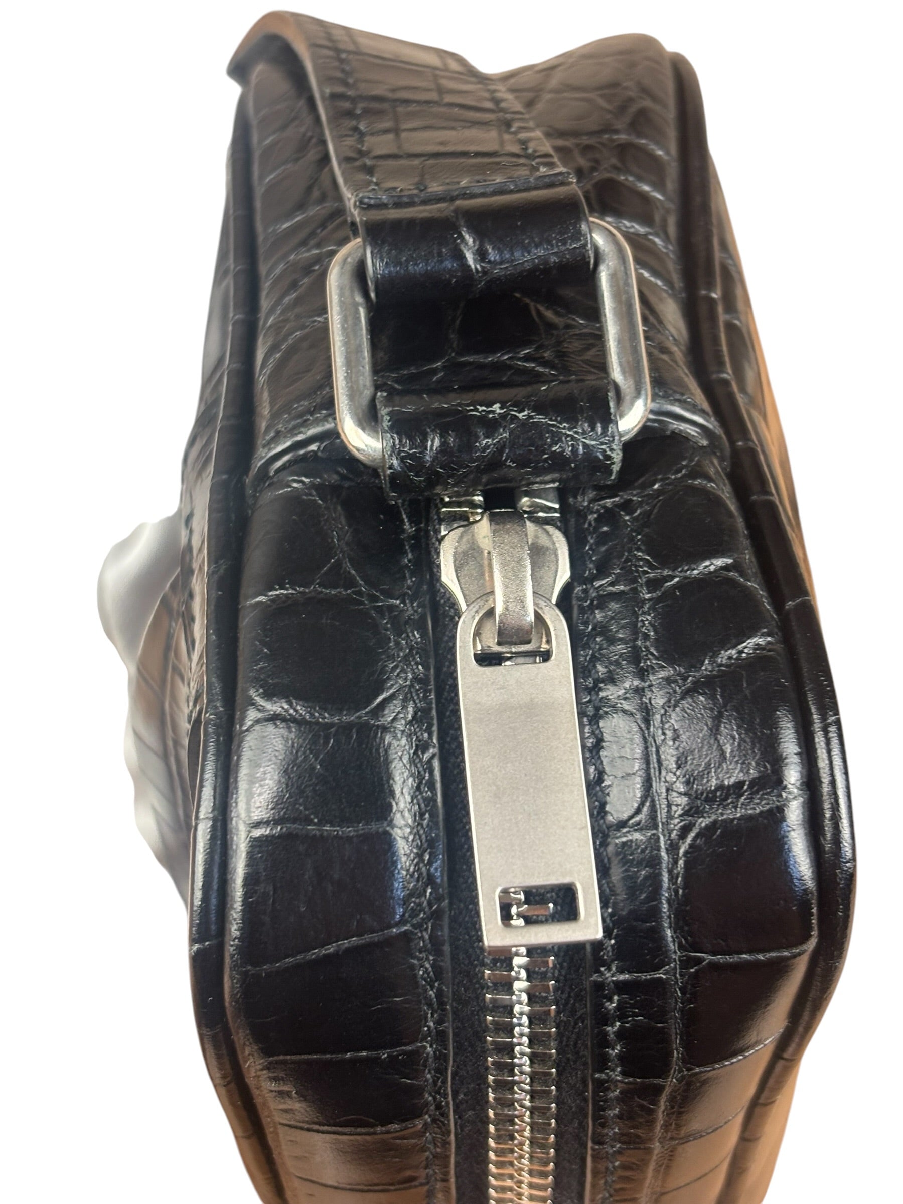 Saint Laurent Crocodile Embossed Leather Camera Bag Black