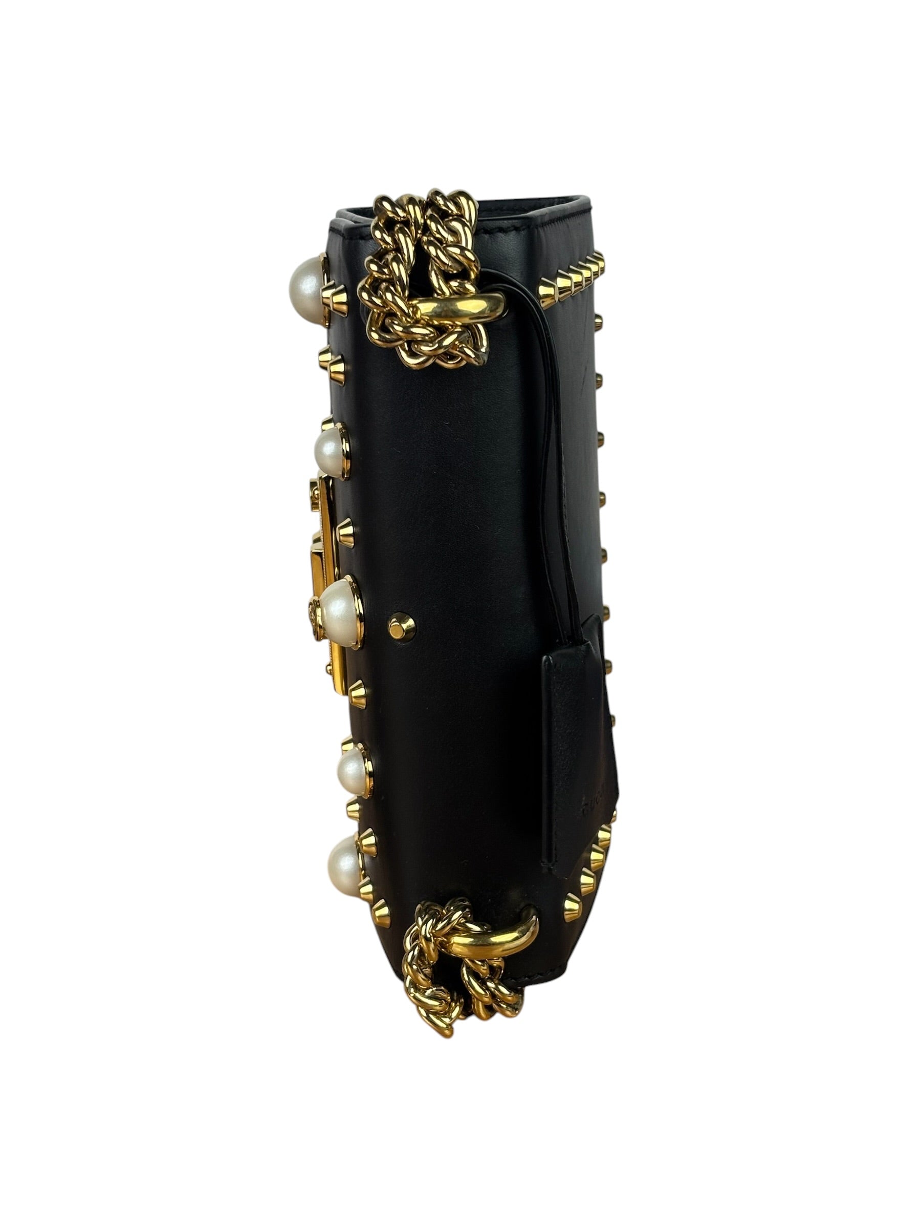 Gucci Small Pearl Studded Leather Padlock Crossbody Black