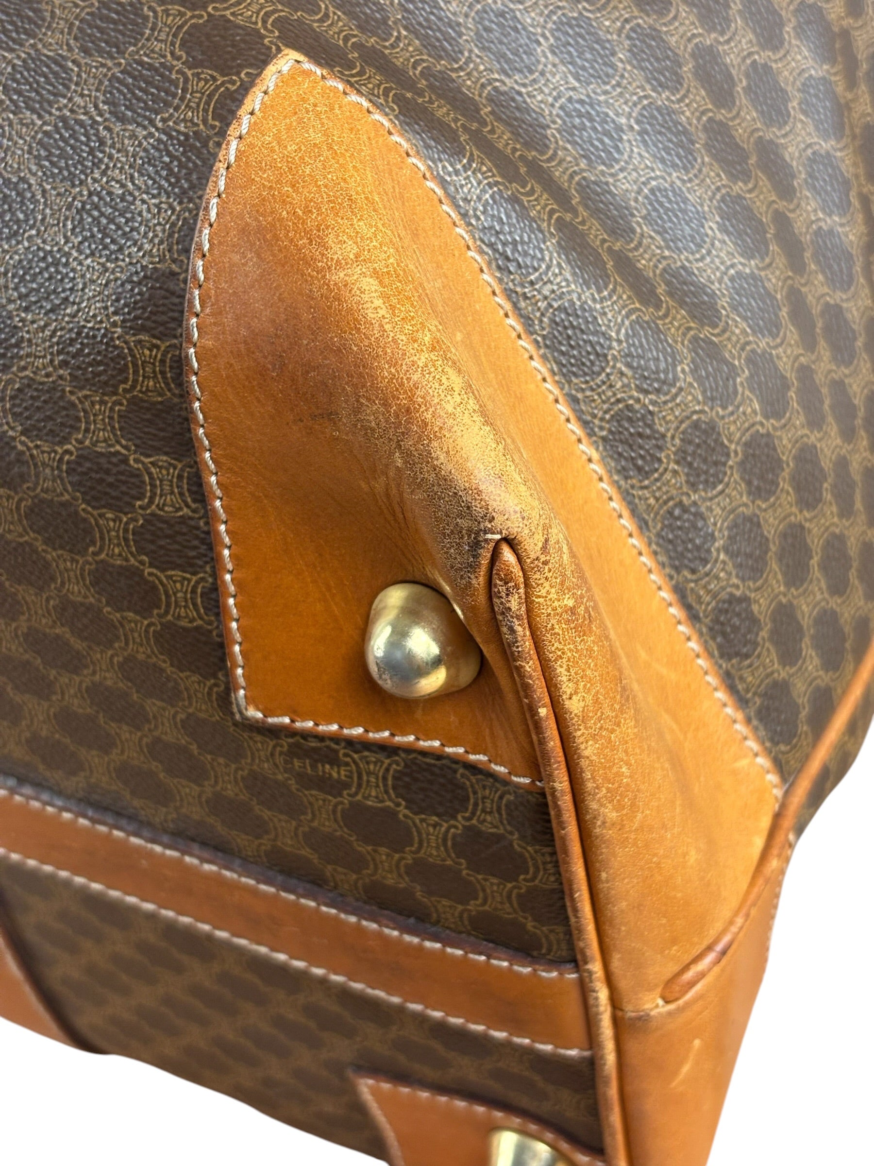 Celine Brown Leather Canvas Macadam Travel Handbag