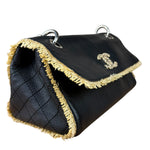 Chanel Black Leather Raffia Fringe CC Flap Shoulder Bag 2009