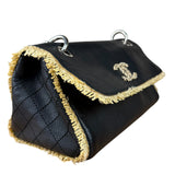 Chanel Black Leather Raffia Fringe CC Flap Shoulder Bag 2009