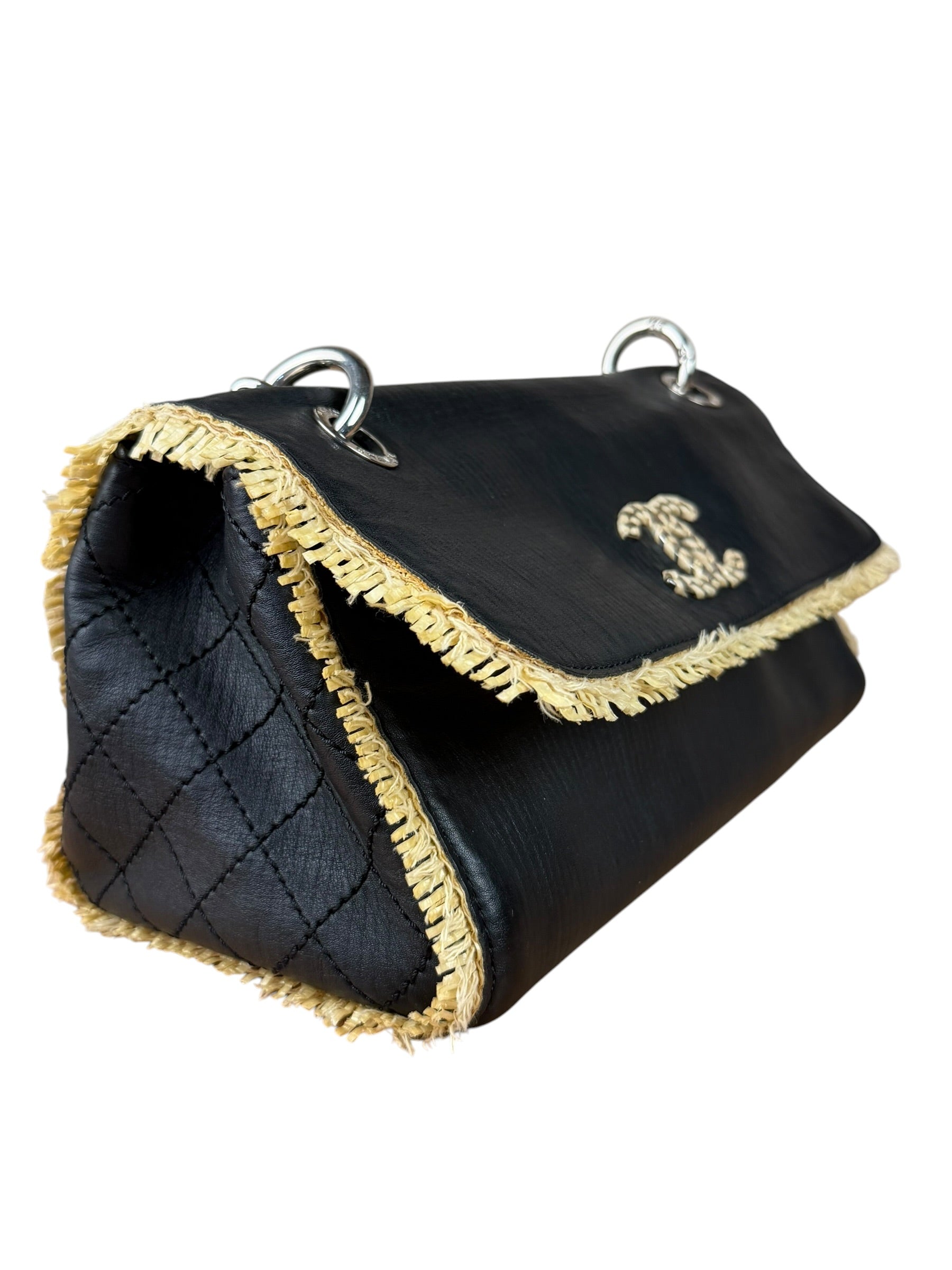 Chanel Black Leather Raffia Fringe CC Flap Shoulder Bag 2009