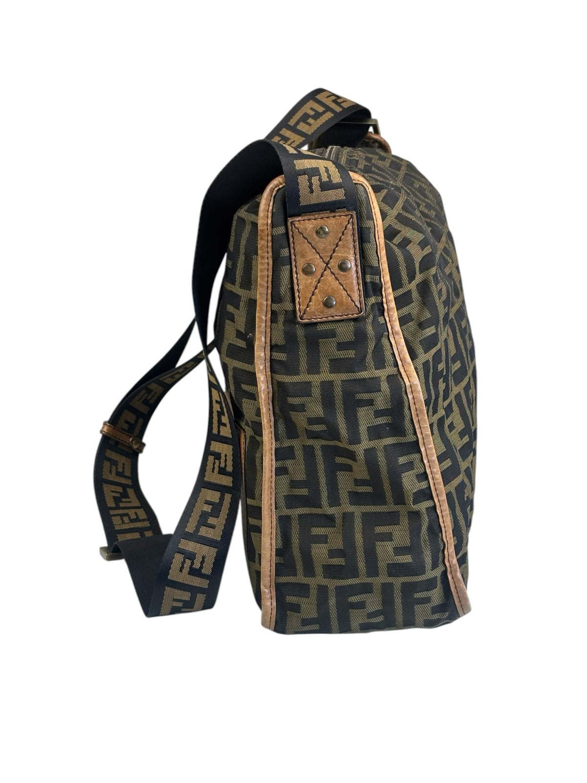 Fendi Zucca Print Brown Canvas Leather Trim Messenger Crossbody