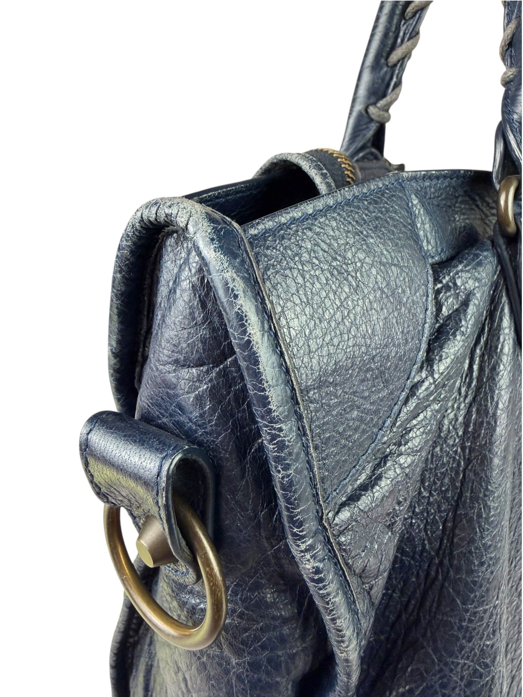 Balenciaga Navy Lambskin Moto Work Two-Way Bag